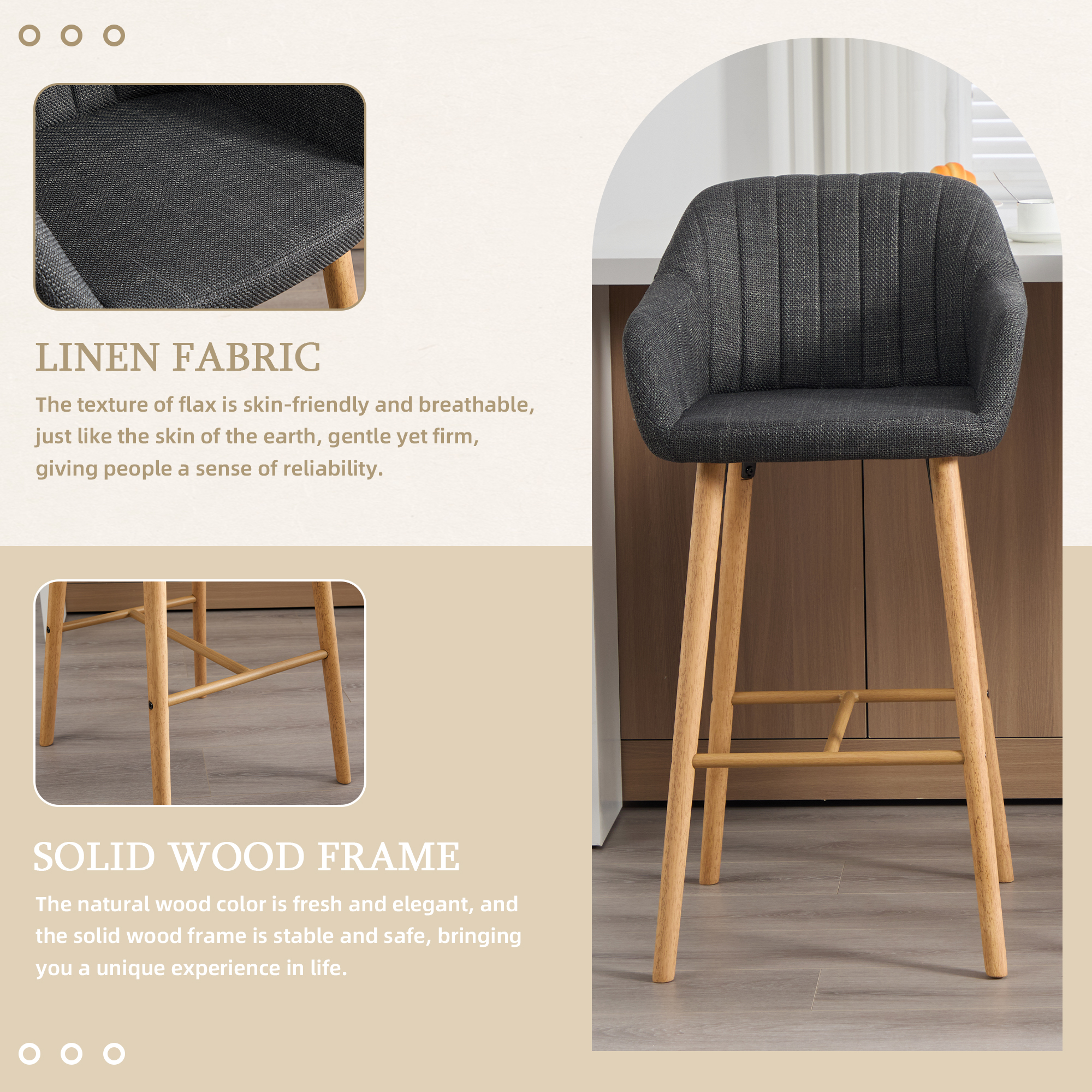 Modern Bar Stools Set Of 2, Kitchen Island Tall Chairs With Back, Arm, Footrest And Solid Wood Leg, Linen Fabric Upholstered Bar Stools