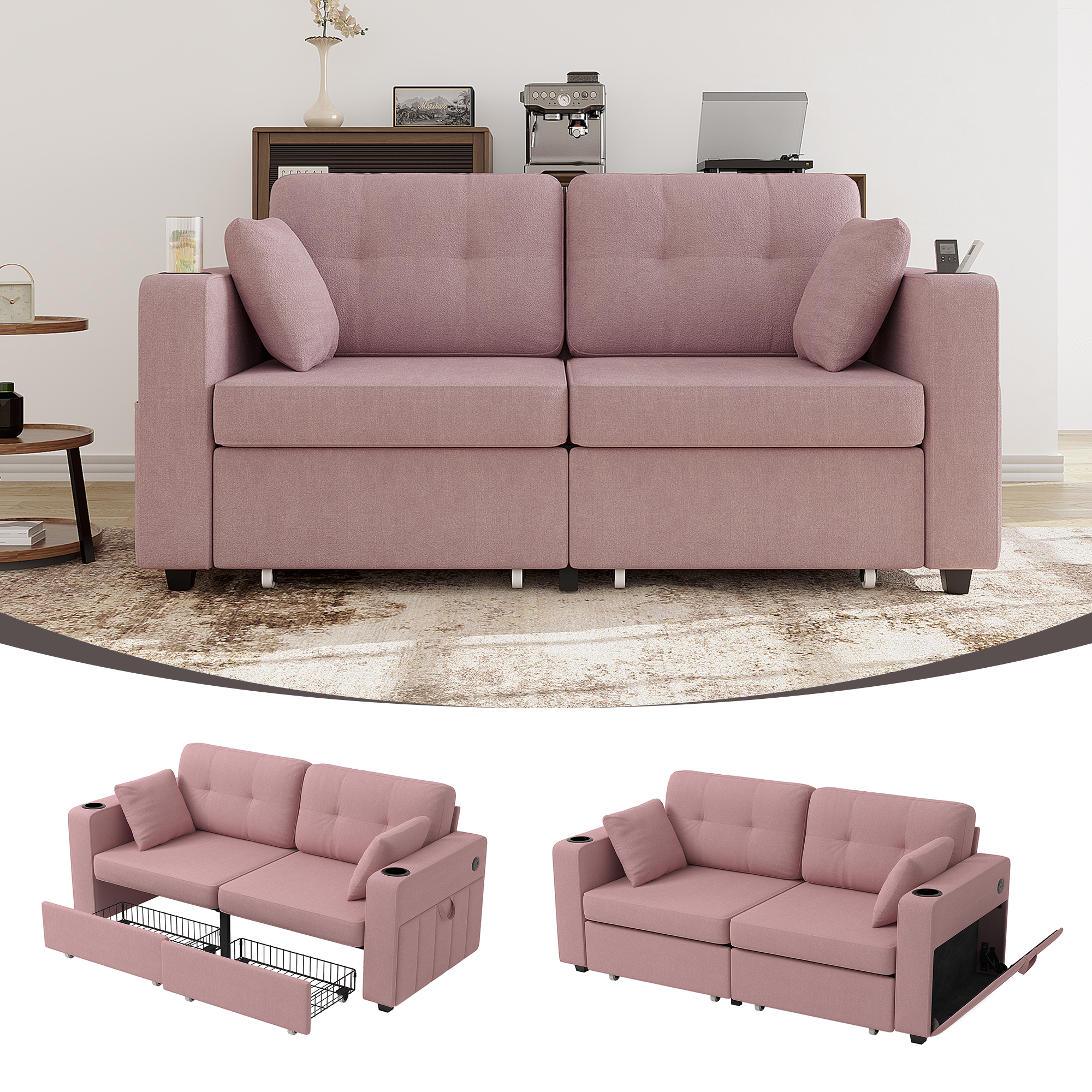 Sofas For Living Room, Couch Set,3 Seats Sofa, USB Charging,Wood Frame,Easy To Install,with Storage, Charging Station,Cup Holder,Modern Sectional Sofas For Living Room, Apartment,Chenille Fabric
