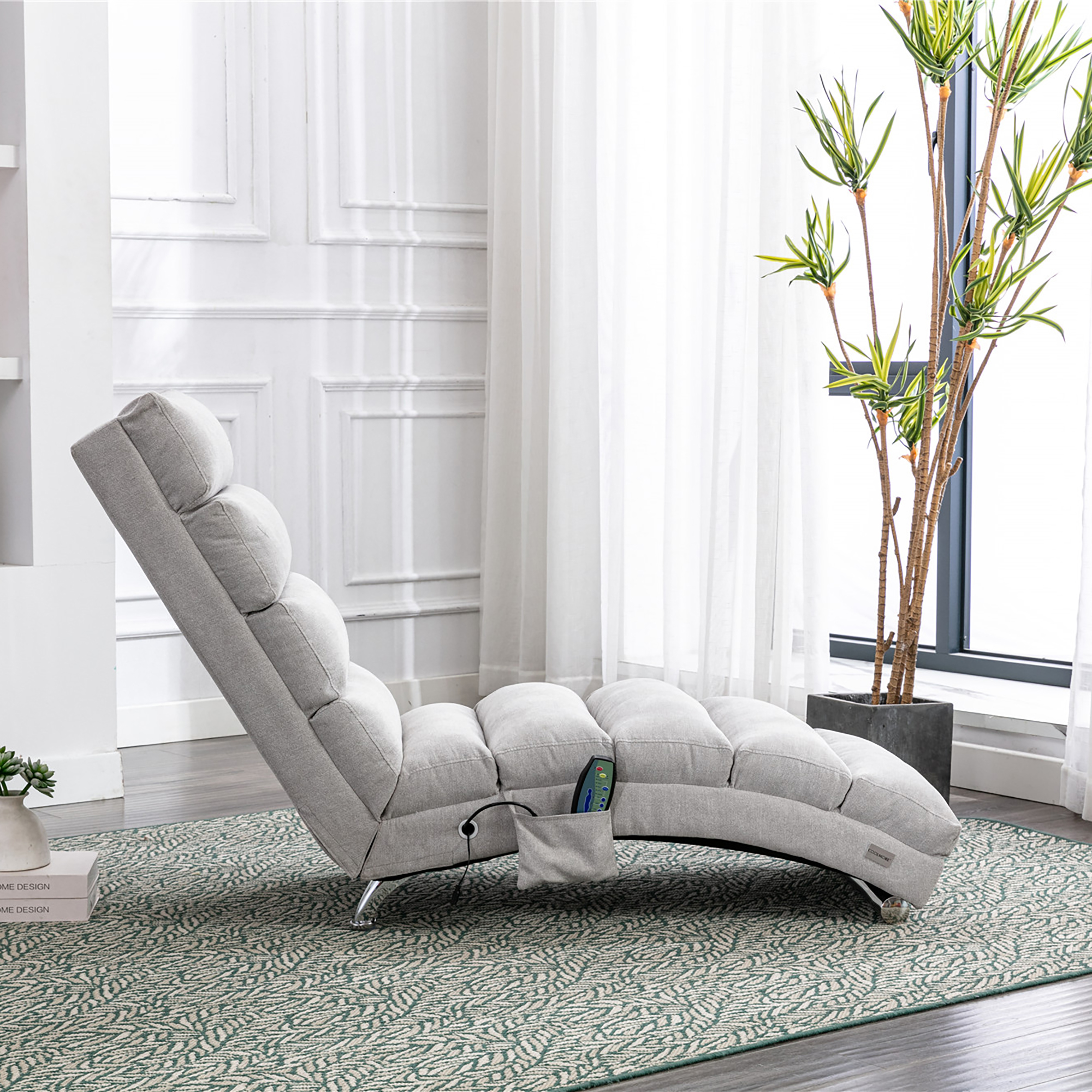 COOLMORE Luxury Upholstered Chaise Lounge Chair With Vibration For Relaxation, Modern Fixed Back Fabric Leisure Recliner Sofa For Living Room Bedroom