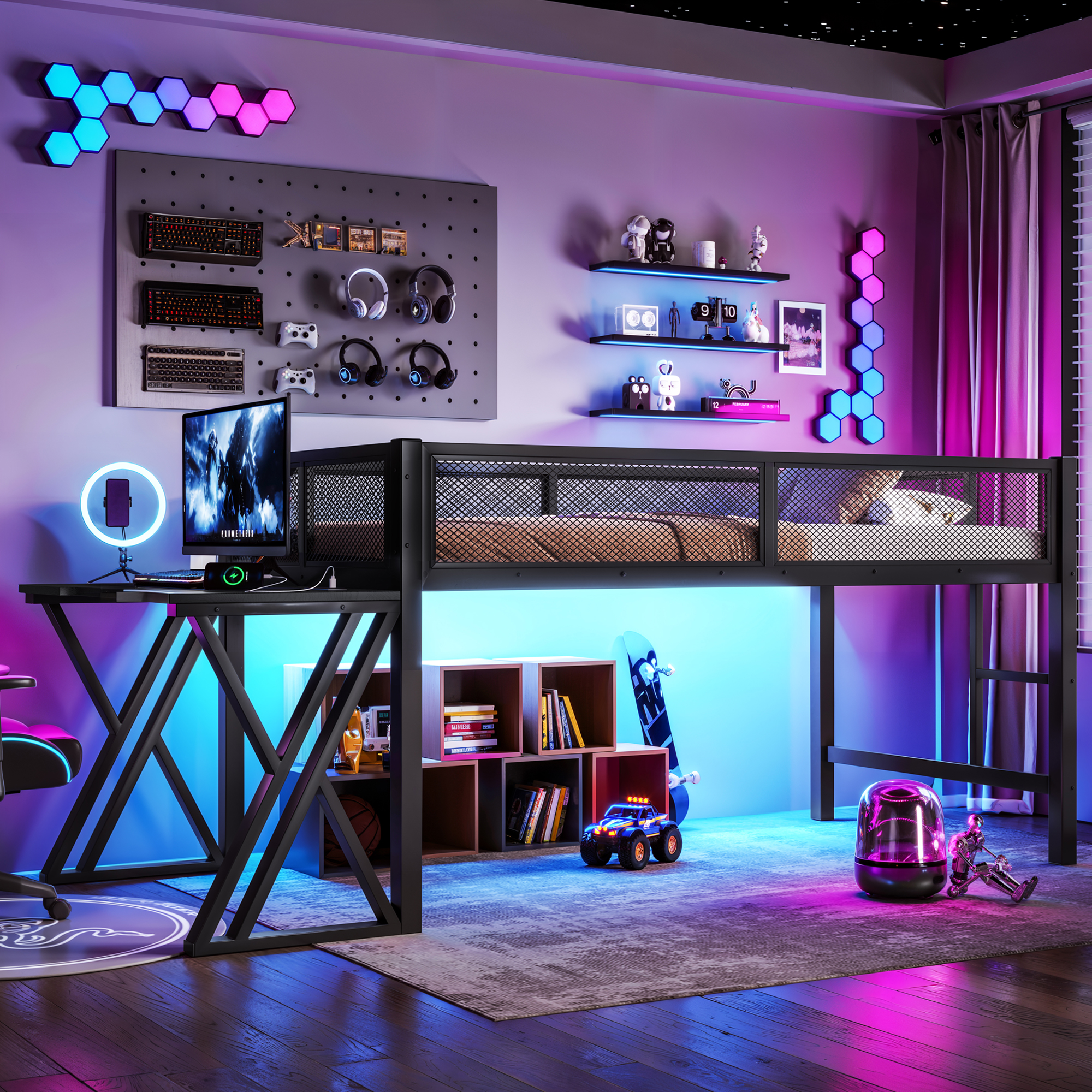 Twin XL Size Gaming Loft Bed With Desk Of X-shaped Leg ,LED Lights, USB Ports, Staircase & Mesh Guardrail - Black Metal Frame, Space-Saving Elevated Bed For Dorms, Bedrooms, & Gaming Setups