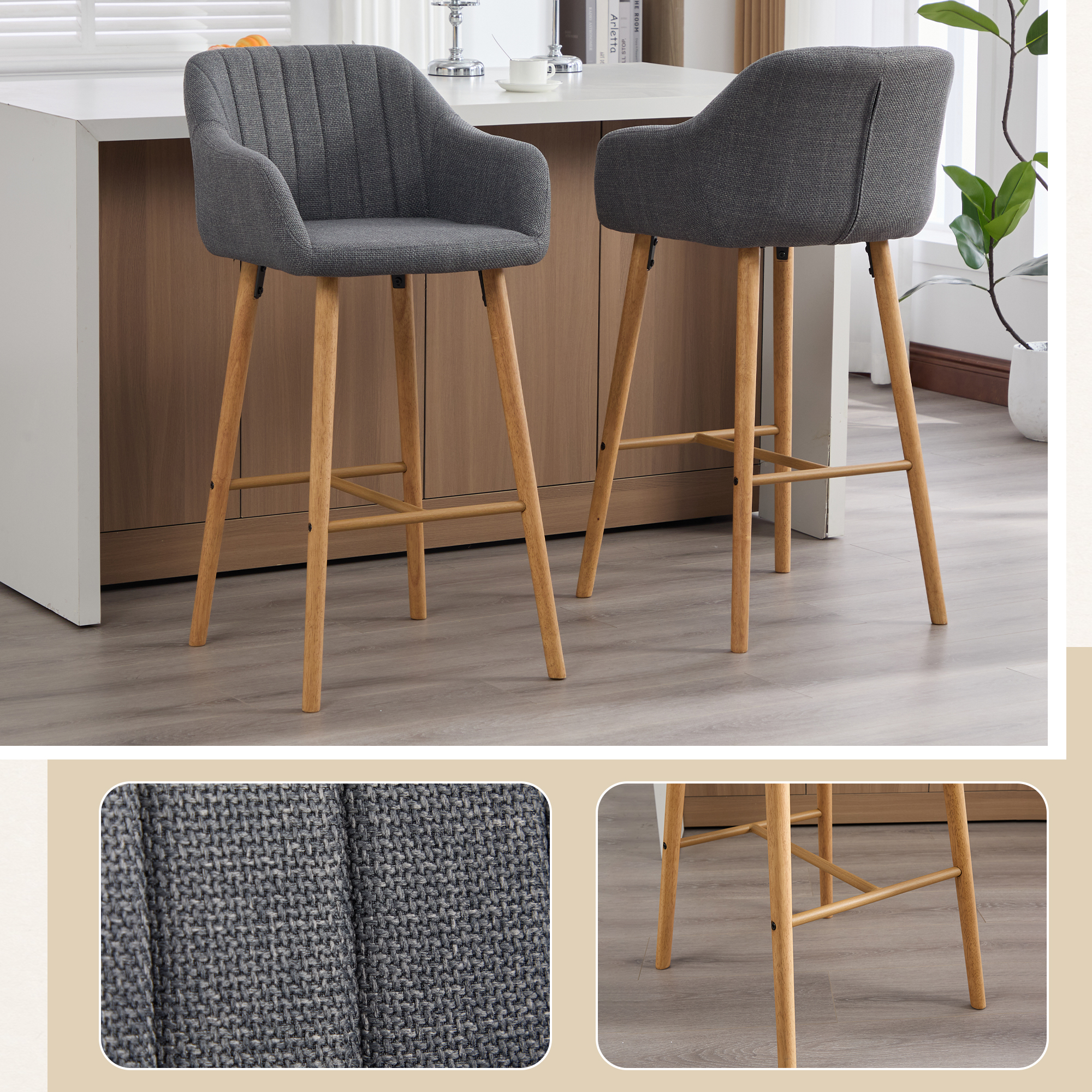 Modern Bar Stools Set Of 2, Kitchen Island Tall Chairs With Back, Arm, Footrest And Solid Wood Leg, Linen Fabric Upholstered Bar Stools
