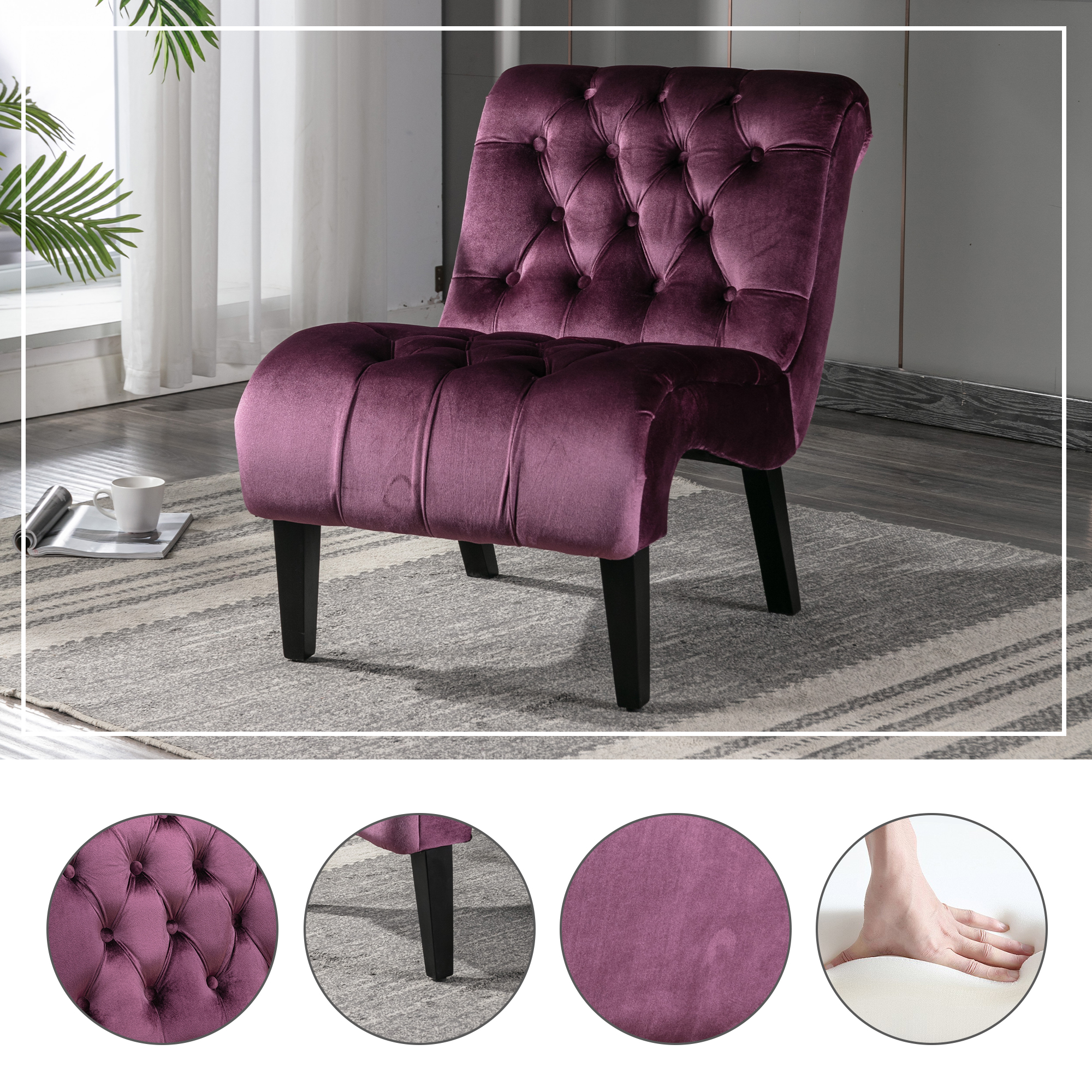 COOLMORE Modern Velvet Armless Accent Living Room Chair   Leisure Chair,Upholstered Fabric Button Comfortable Chair With Wooden Legs For Bedroom, Living Room, Office  Purple Velvet