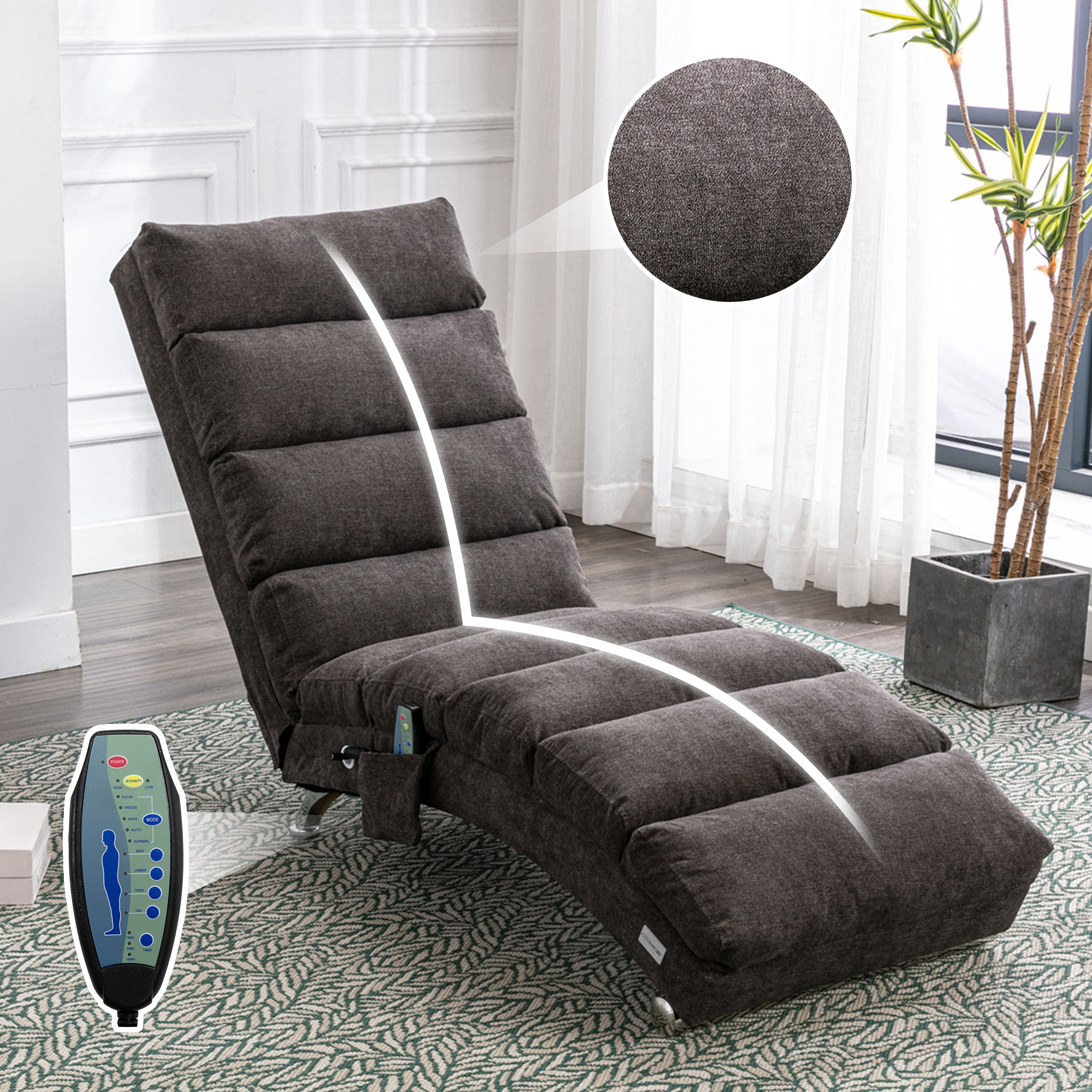 COOLMORE Luxury Upholstered Chaise Lounge Chair With Vibration For Relaxation, Modern Fixed Back Fabric Leisure Recliner Sofa For Living Room Bedroom