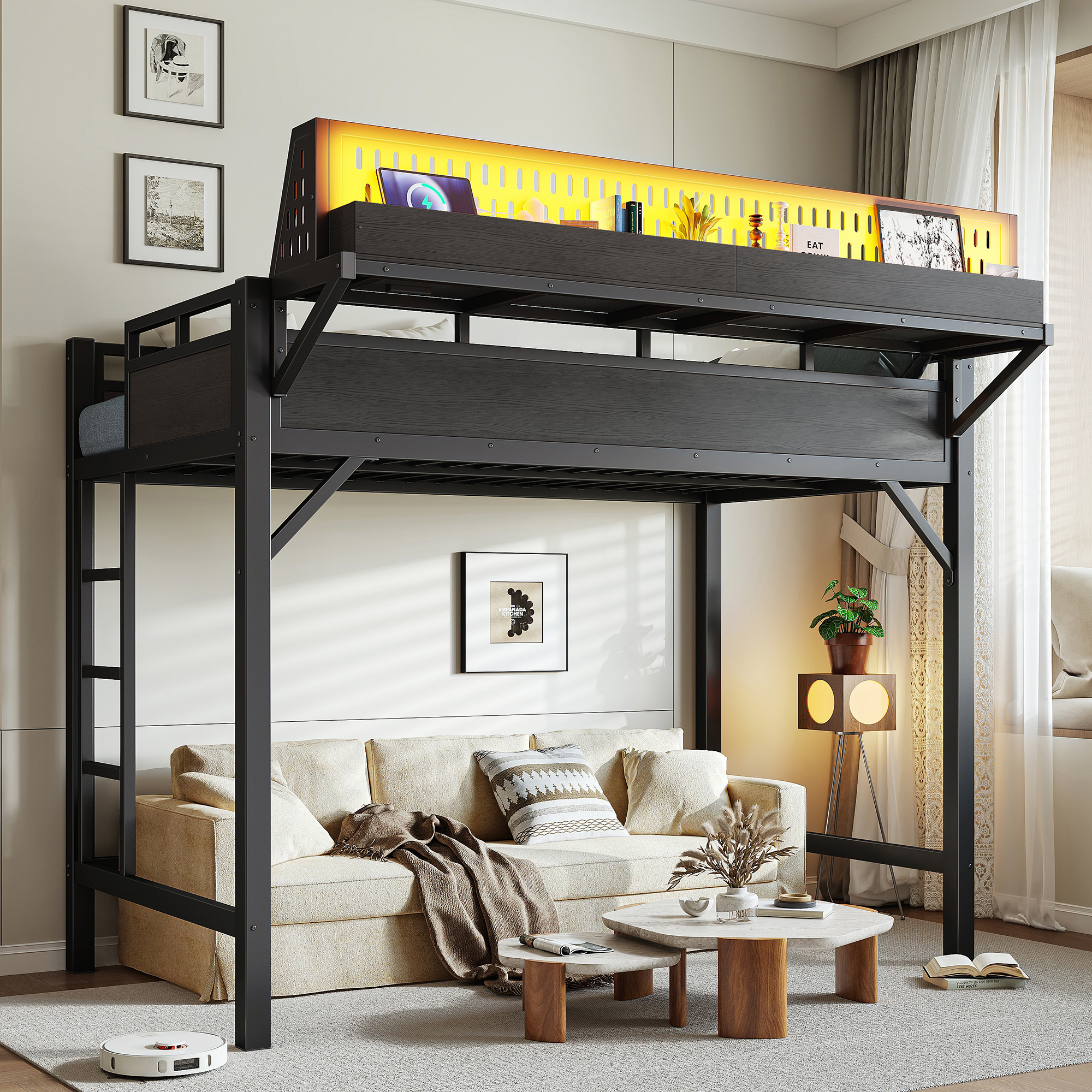 Twin XL Size Loft Bed Frame Storage Shelves, A Pegboard, USB Ports And LEDs