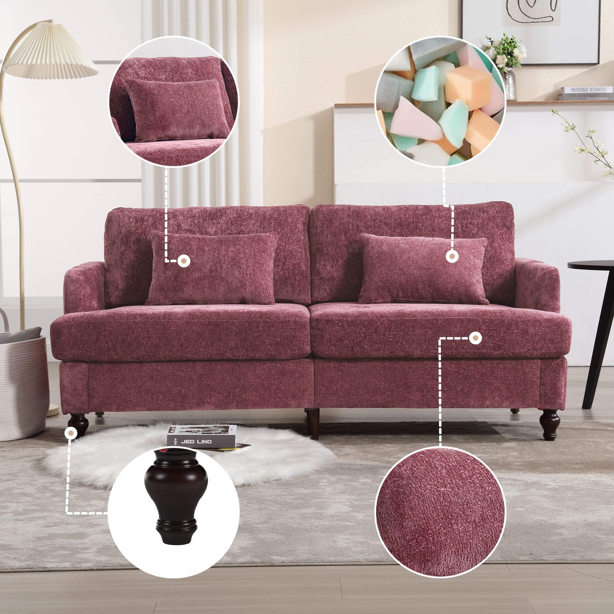 Mid Century Modern Chenille Fabric Loveseat Sofa, 2-Seat Upholstered Loveseat Sofa Modern Couch For Living Room,Brown Wood Feet Sofa For Bedroom, Reading  Wine Red Chenille