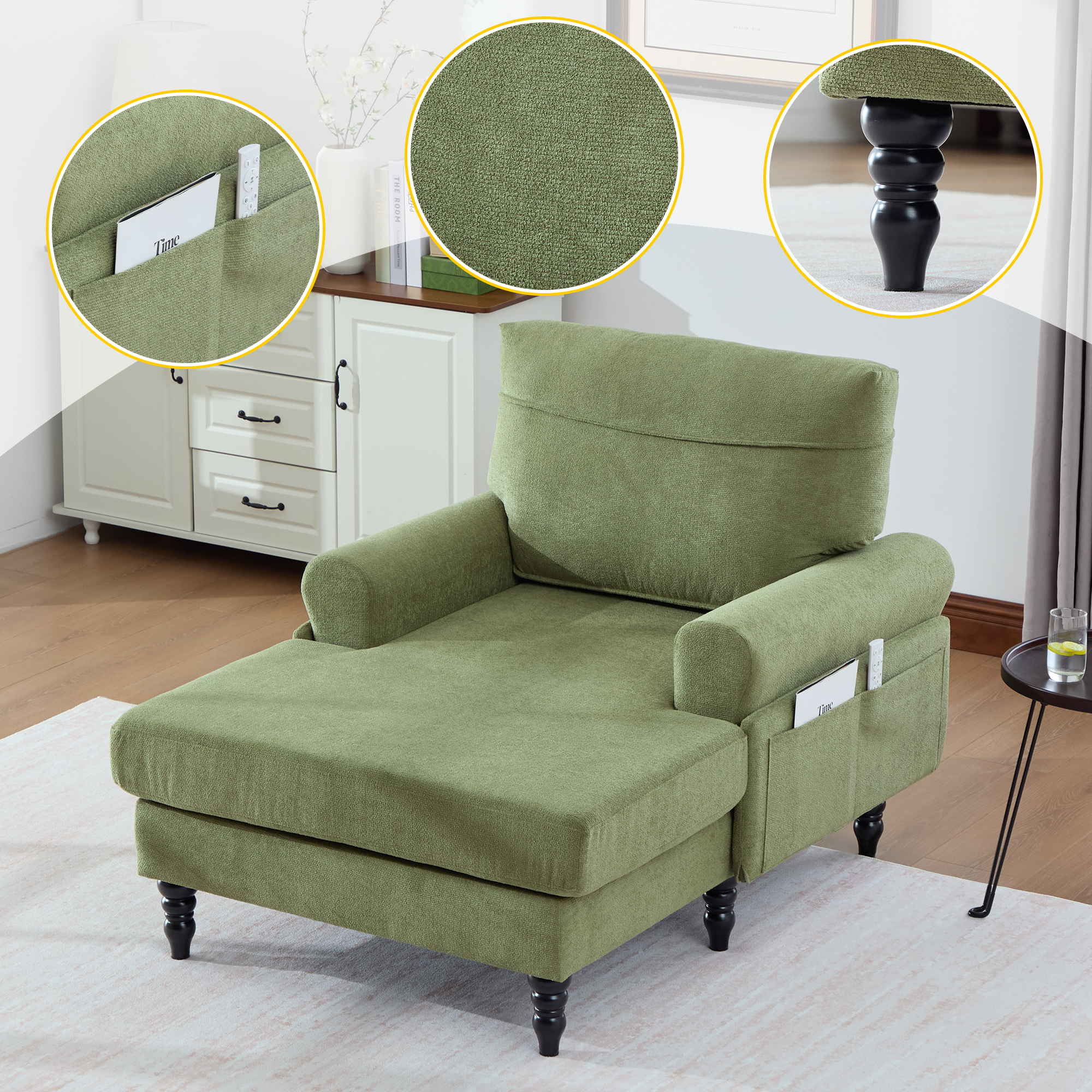 Modern Minimalist Chenille Fabric Chaise Lounge Recliner Single Sofa Living Room Bedroom Rest Chair Wooden Sofa Legs With Comfortable Backrest And Armrests Side Pockets For Storage Suitable For Office