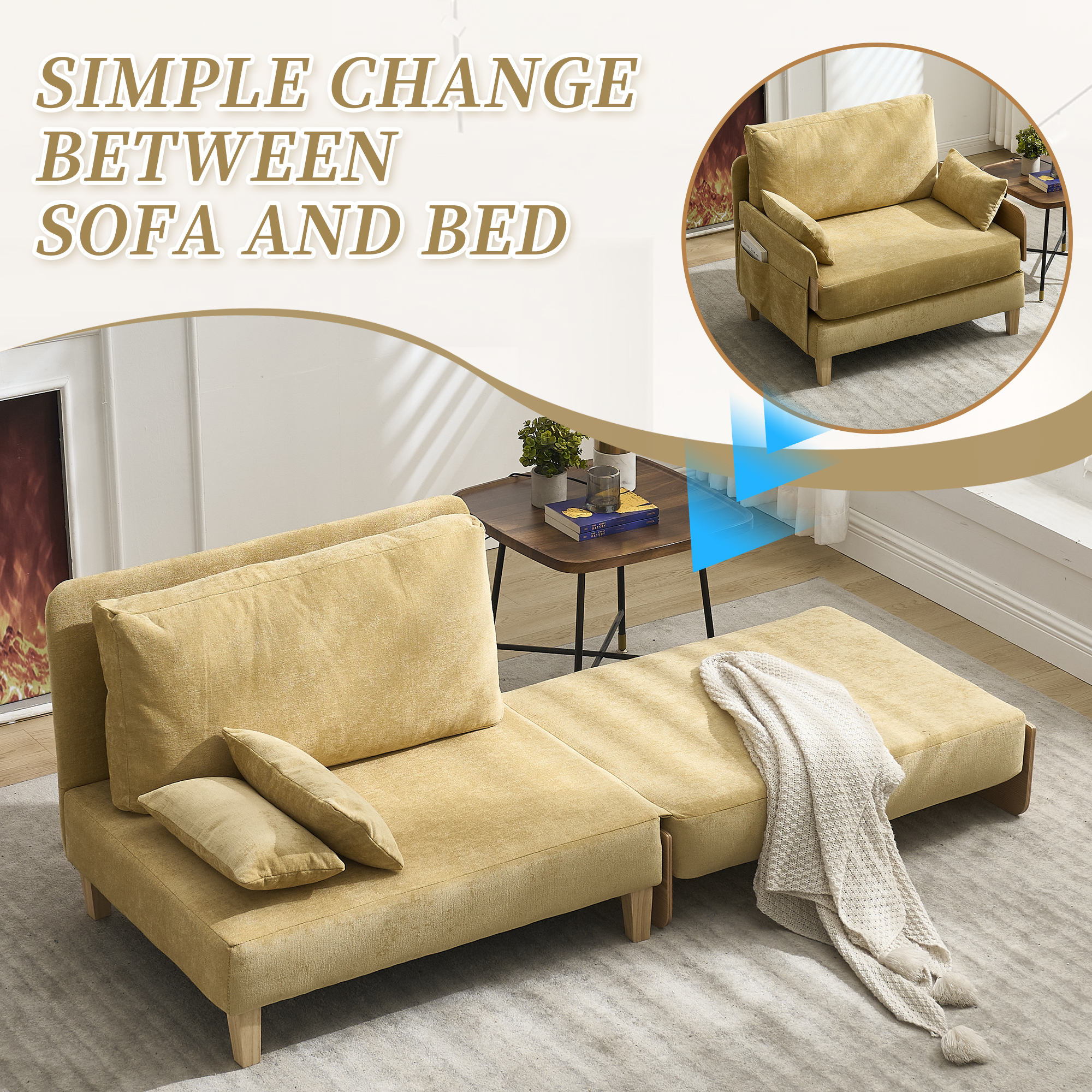 Foldable Sofa Bed Recliner, 3-in-1 Convertible Sleeper, Mid-century Modern Decor, Suitable For Small Spaces, With Three Pillows, Can Be Placed In The Bedroom Study Room Guest