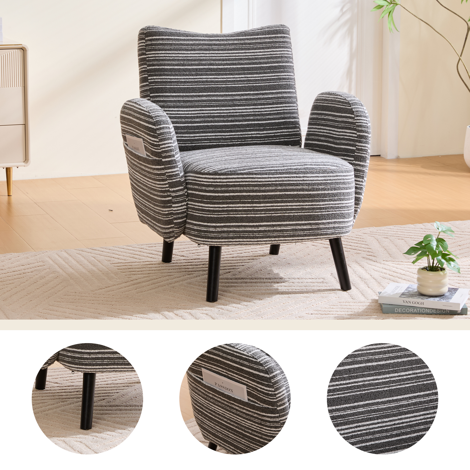 Modern Style Armchair With Sanded Fabric, Side Storage Pocket, Solid Wood Legs, Comfortable Reading Chair For Living Room, Bedroom, Officel