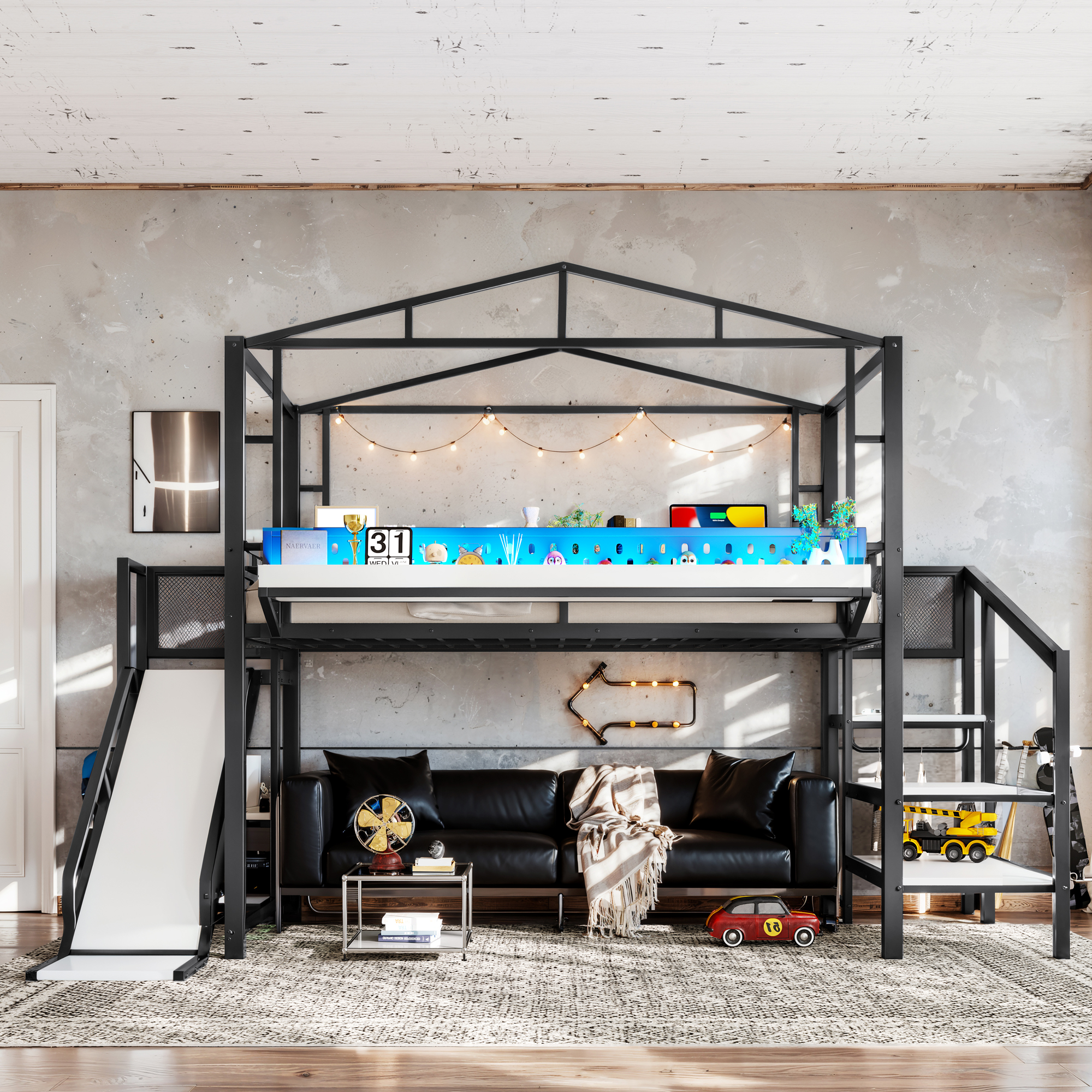 Full Size Loft Bed With Storage Stairs, Shelves And Built-in Wardrobe, Metal Loft Bed Frame With USB Ports And LED Lights, Noise-reduced Design, Black