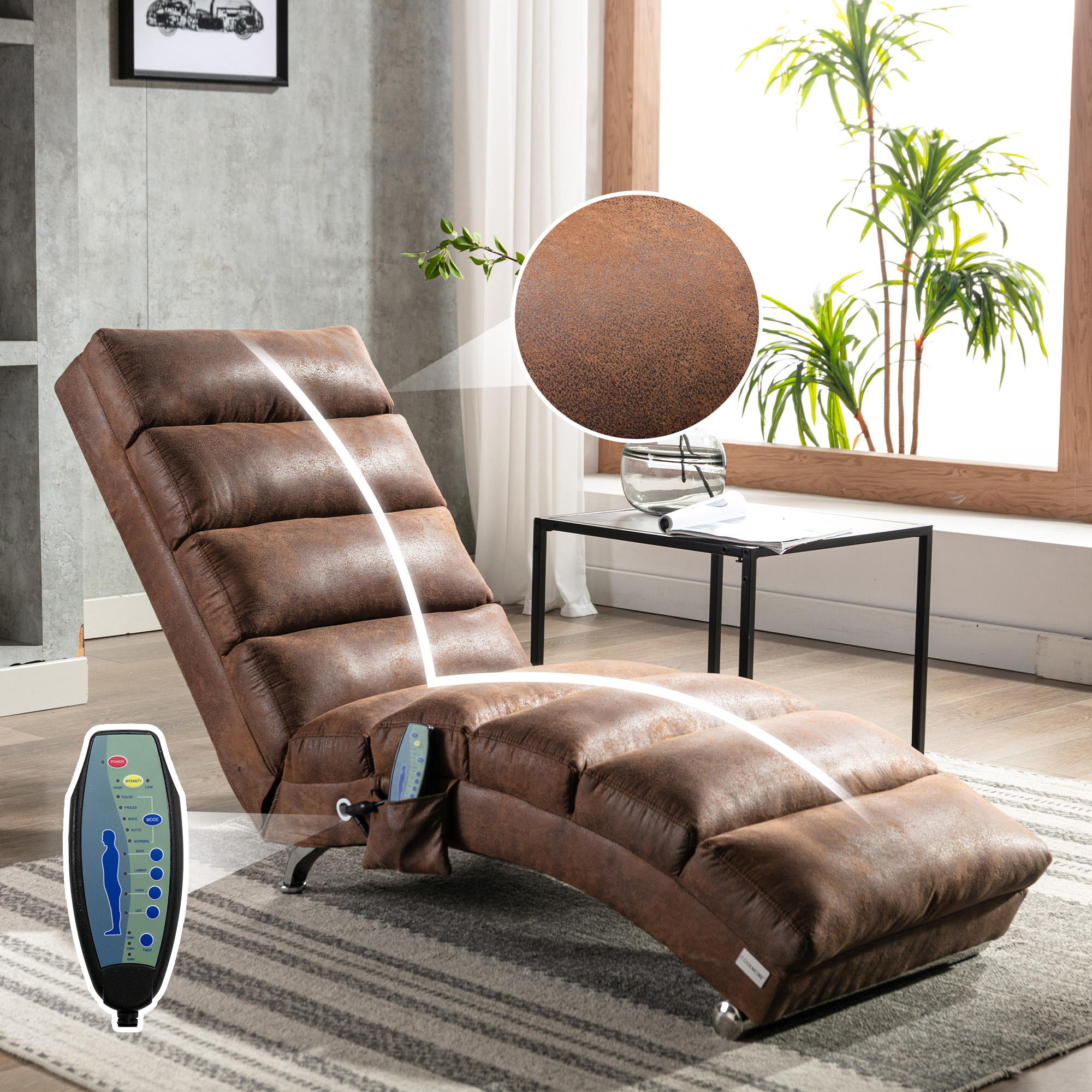COOLMORE Luxury Upholstered Chaise Lounge Chair With Vibration For Relaxation, Modern Fixed Back Fabric Leisure Recliner Sofa For Living Room Bedroom