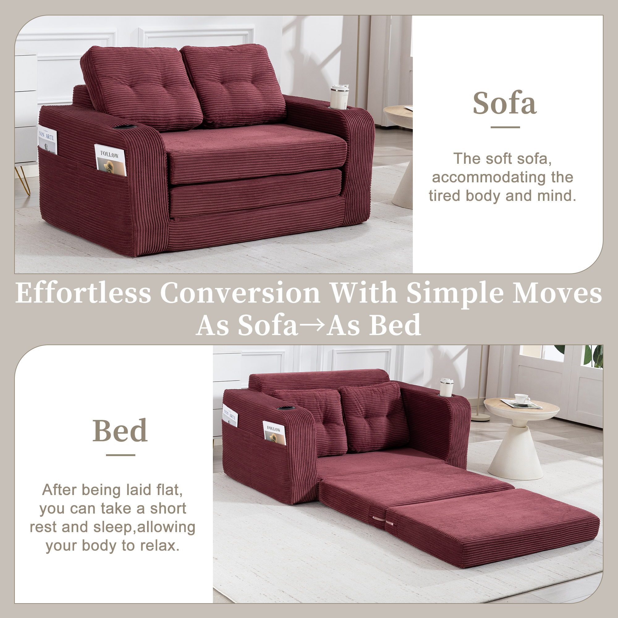 Convertible Sofa Bed,Expandable Double Sofa Bed, 2 In 1 Convertible Sofa Bed, Fold Out Floor Couch With Pillows For Living Room Bedroom Lounge