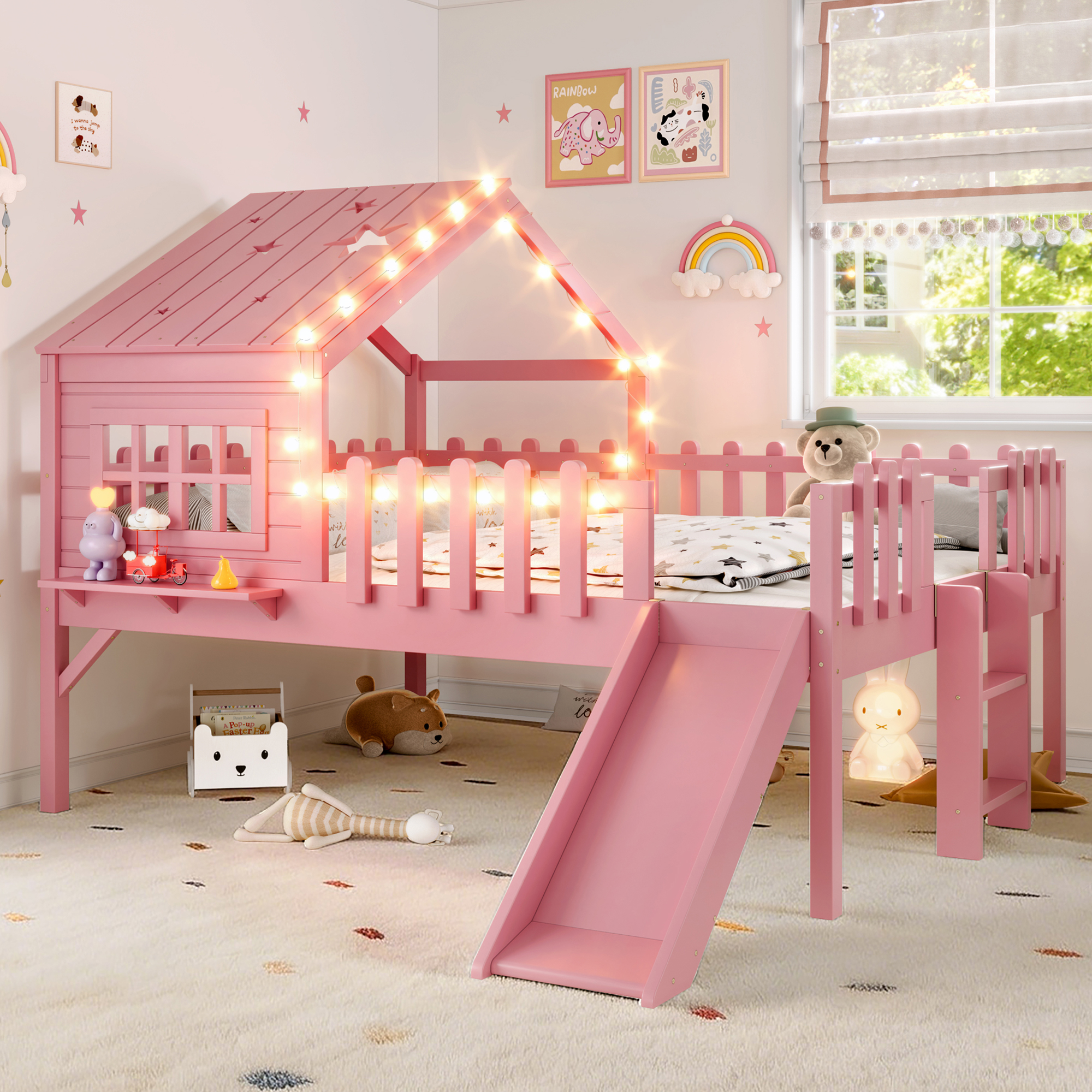 Full  Size House Loft Bed With Slide,Playhouse Bed With Star-shaped Designs And Window, Chic Design With LED Lights,No Box Spring Needed,Pink