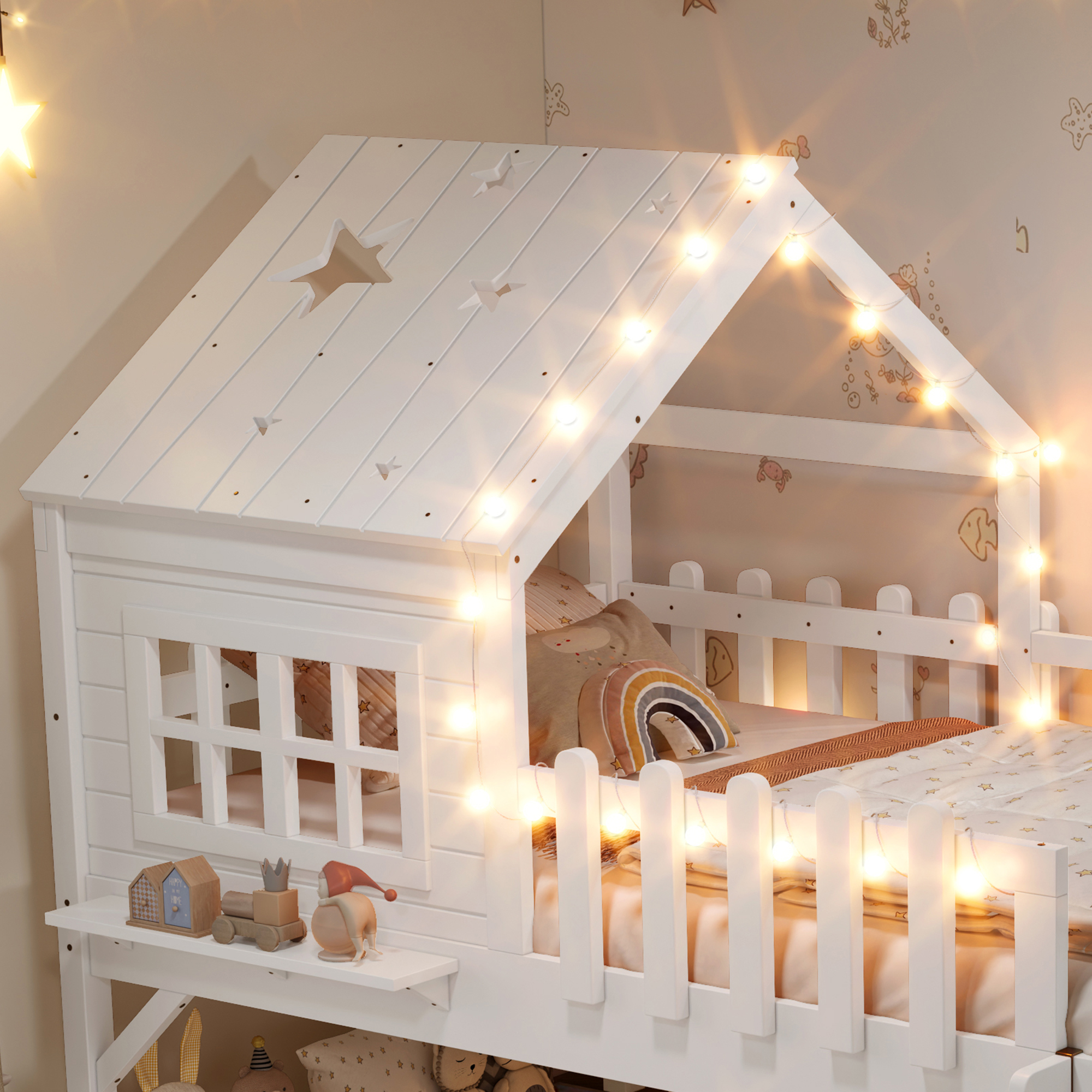 Twin Size House Loft Bed With Slide,Playhouse Bed With Star-shaped Designs And Window, Chic Design With LED Lights,No Box Spring Needed,White