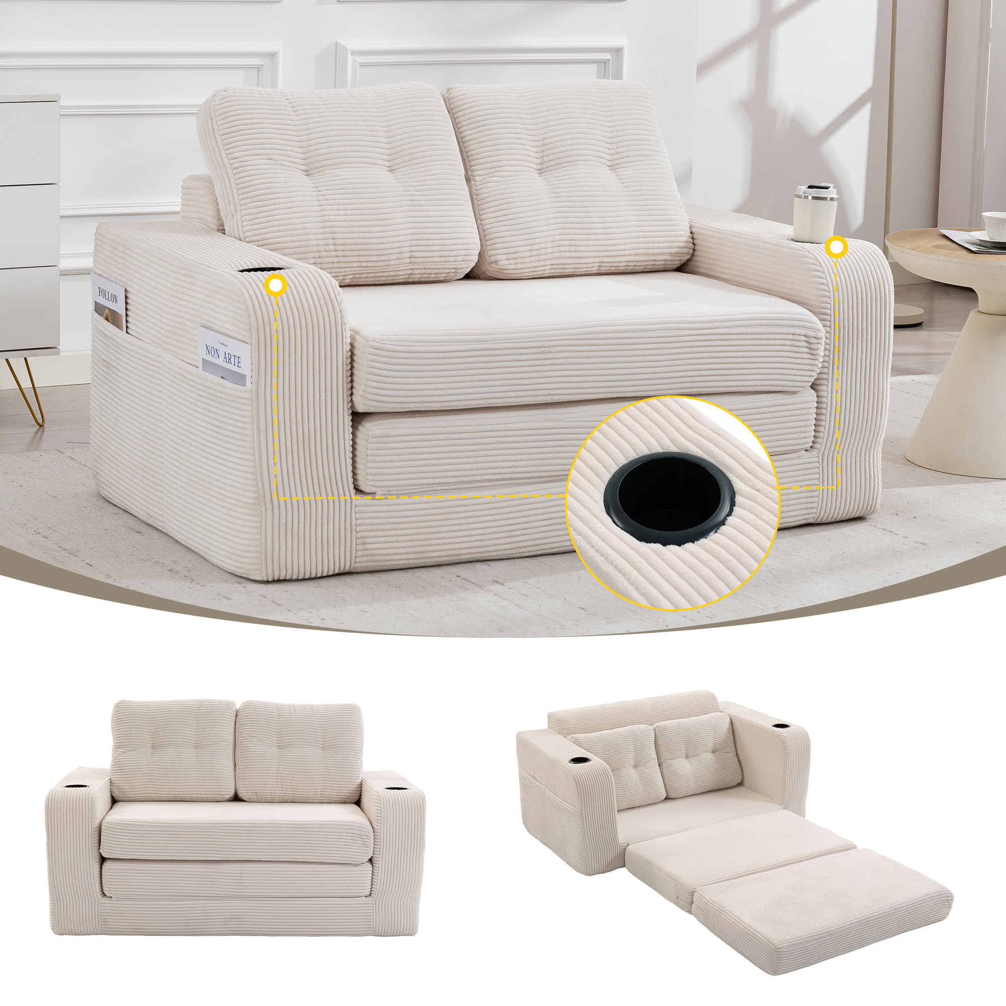 Convertible Sofa Bed,Expandable Double Sofa Bed, 2 In 1 Convertible Sofa Bed, Fold Out Floor Couch With Pillows For Living Room Bedroom Lounge