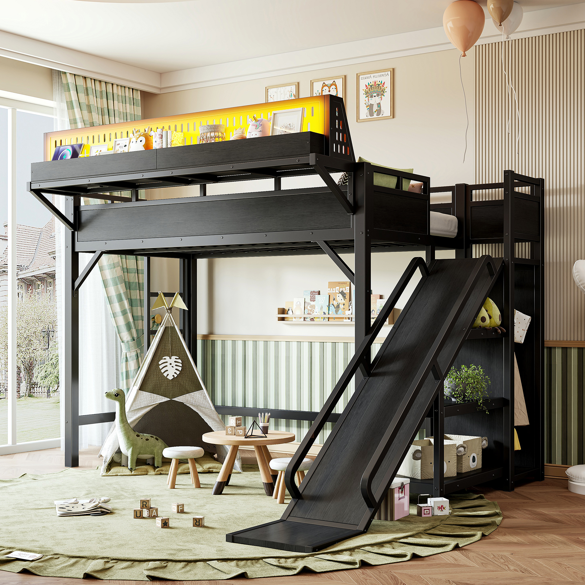 Twin XL Size Loft Bed With Slide, Storage Shelves And Built-in Wardrobe, Metal Loft Bed Frame With USB Ports And LED Lights, With Pegboard, Safety And Solid, Black