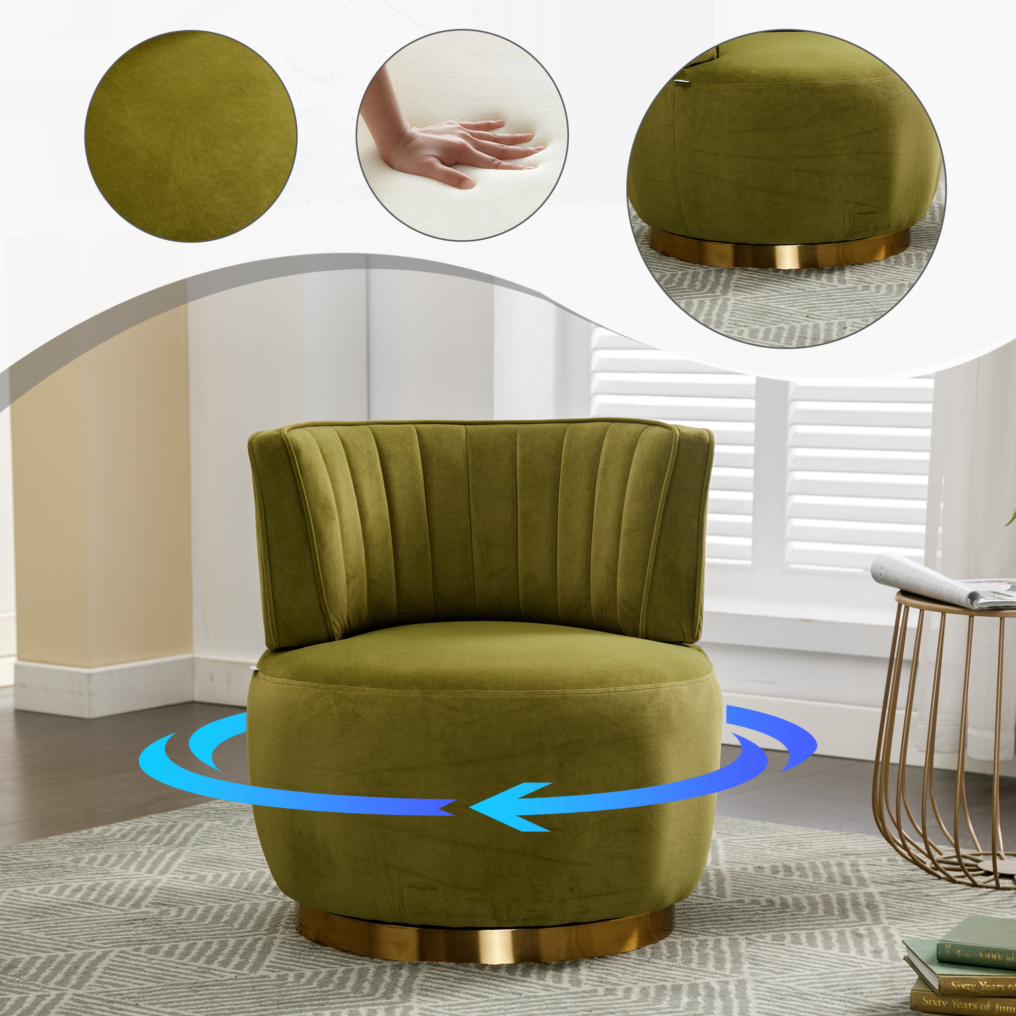 360 Degree Swivel Cuddle Barrel Accent Sofa Chairs, Round Armchairs With Wide Upholstered, Fluffy Velvet Fabric Chair For Living Room, Bedroom, Office, Waiting Rooms