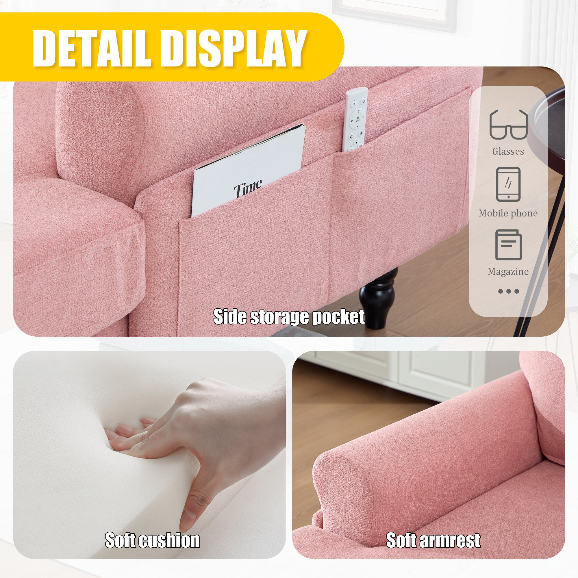 Modern Minimalist Chenille Fabric Chaise Lounge Recliner Single Sofa Living Room Bedroom Rest Chair Wooden Sofa Legs With Comfortable Backrest And Armrests Side Pockets For Storage Suitable For Office