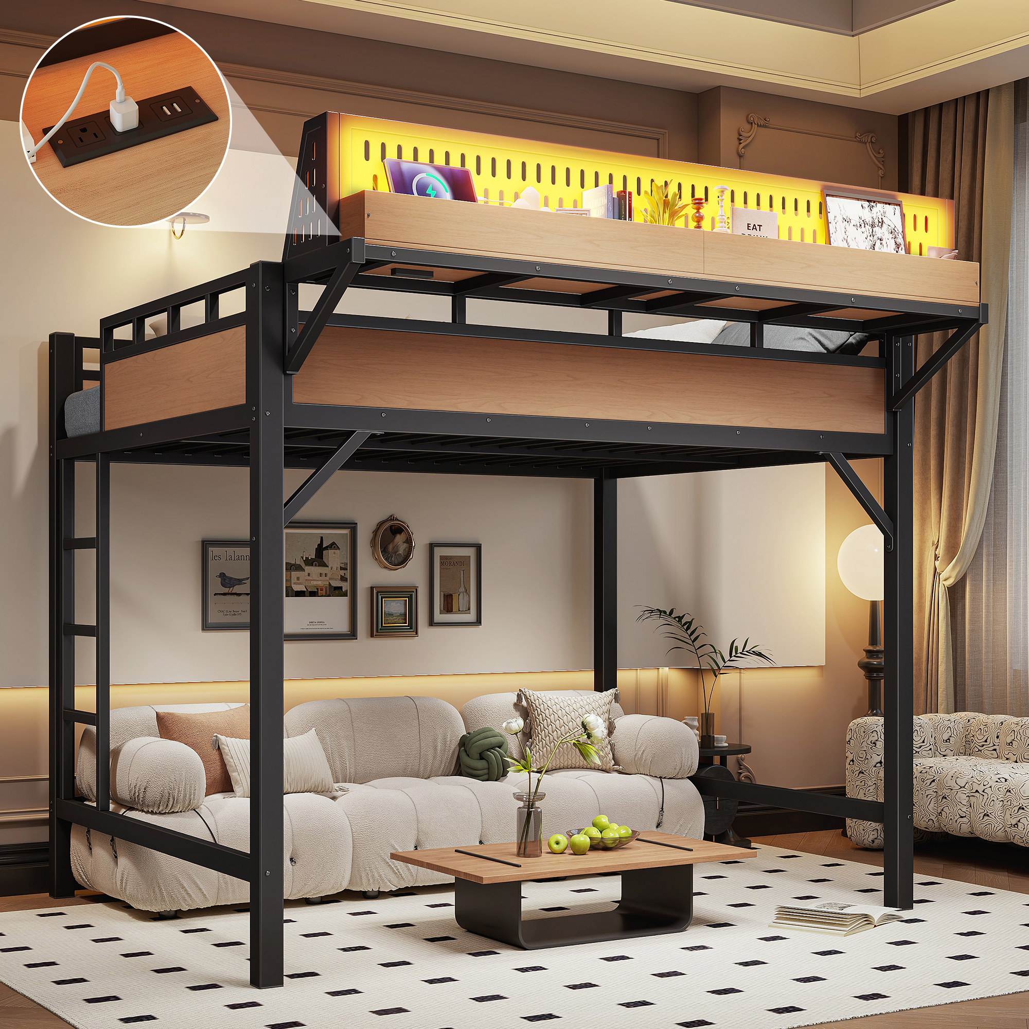 Full Size Loft Bed Frame With Storage Shelves And Pegboard, Metal Loft Bed With USB Ports And LED Lights, Safe And Sturdy, Natural