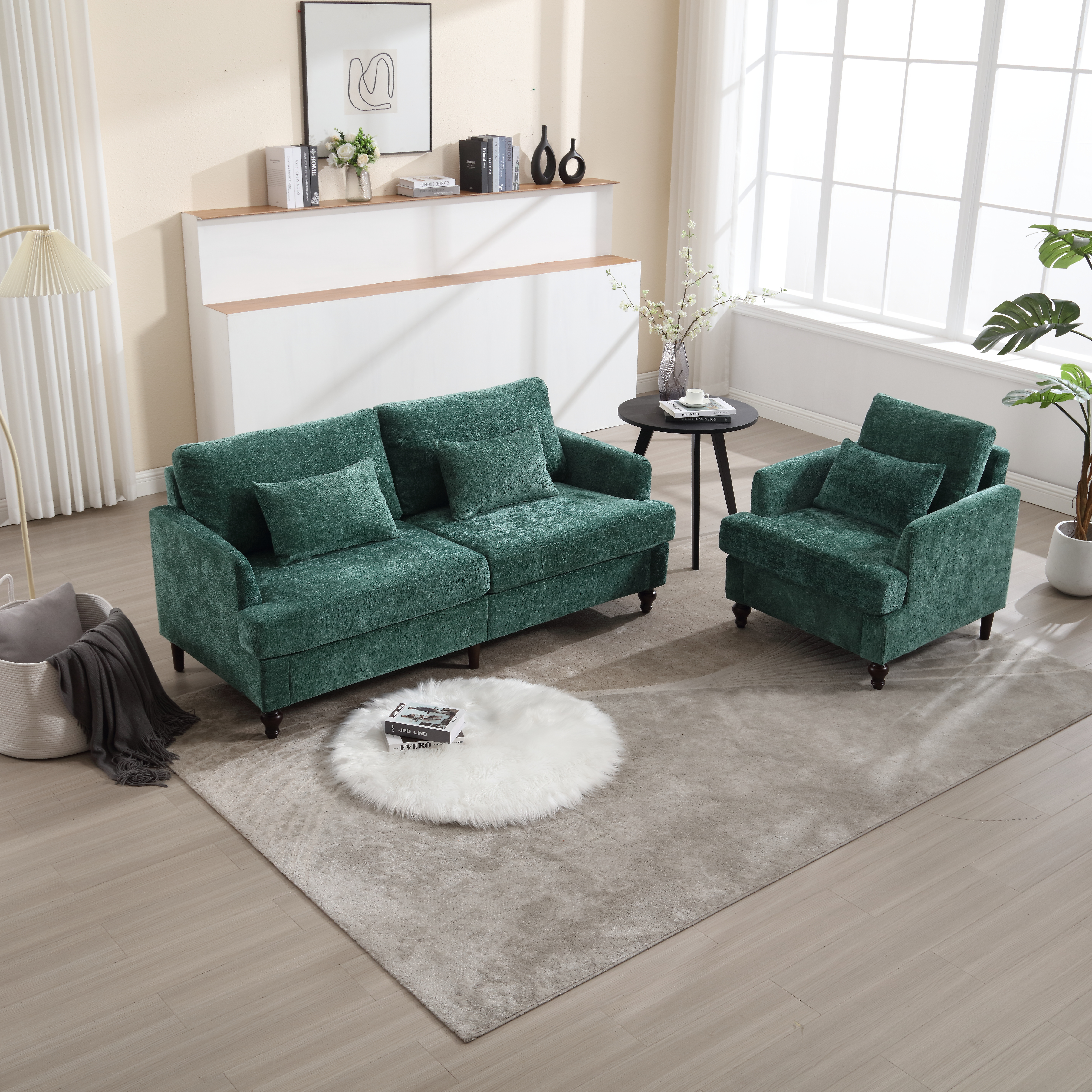 Mid Century Modern Chenille Fabric Loveseat Sofa, 2-Seat Upholstered Loveseat Sofa Modern Couch For Living Room,Brown Wood Feet Sofa For Bedroom, Reading Emerald Chenille