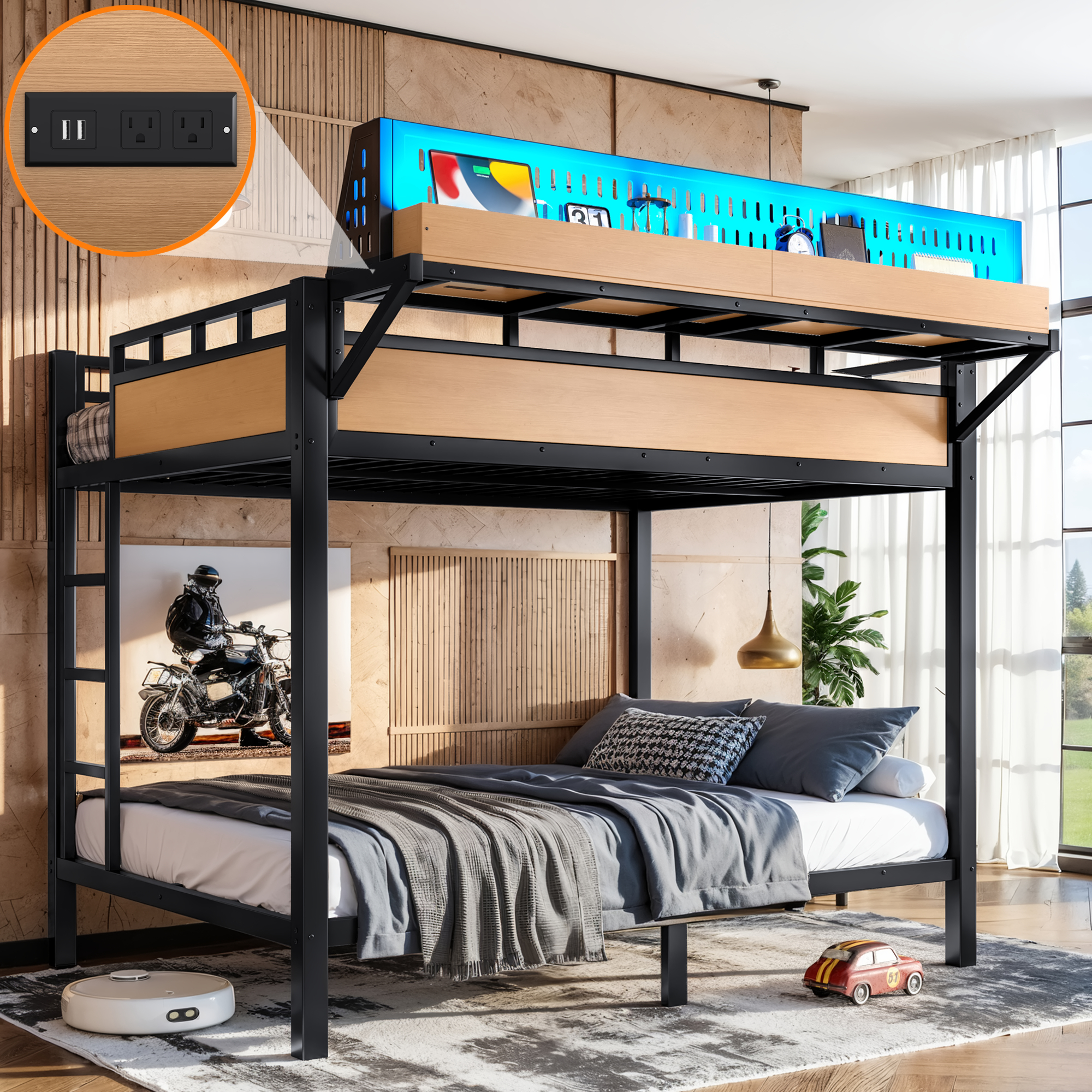 Full Over Full Size Metal Bunk Bed With Storage Shelves And Pegboard, Bunk Bed Frame With USB Ports And LED Lights, Space-Saving, For Teens And Adults, Natural