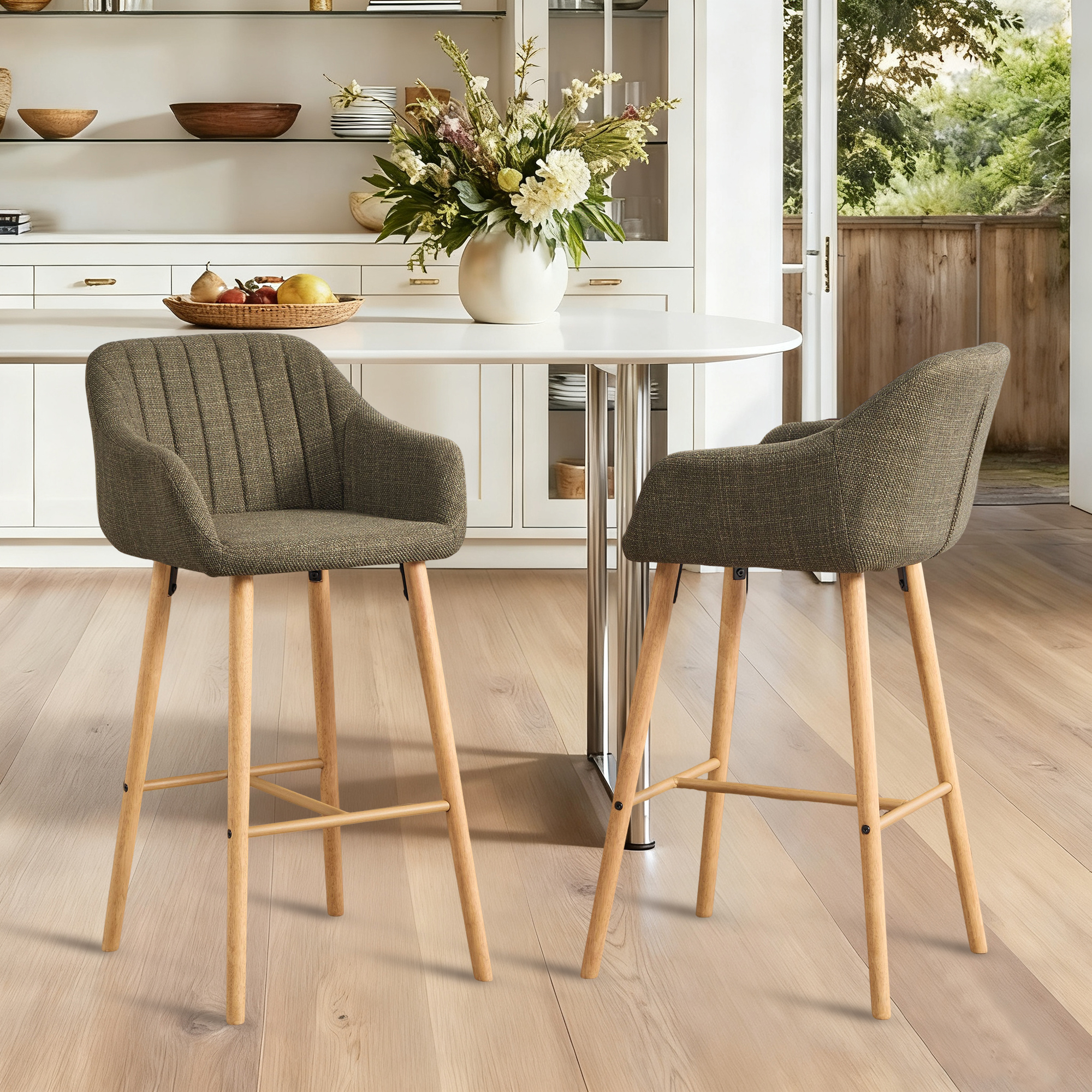 Modern Bar Stools Set Of 2, Kitchen Island Tall Chairs With Back, Arm, Footrest And Solid Wood Leg, Linen Fabric Upholstered Bar Stools