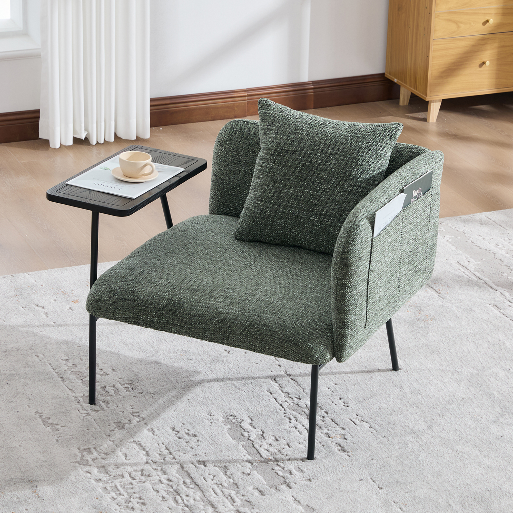 Leisure Chair, Lounge Relaxing Chair With Small Table And Back Pillow, Modern Upholstered Chairs With Metal Legs And Side Pockets , Single Sofa For Living Room Bedroom Garden