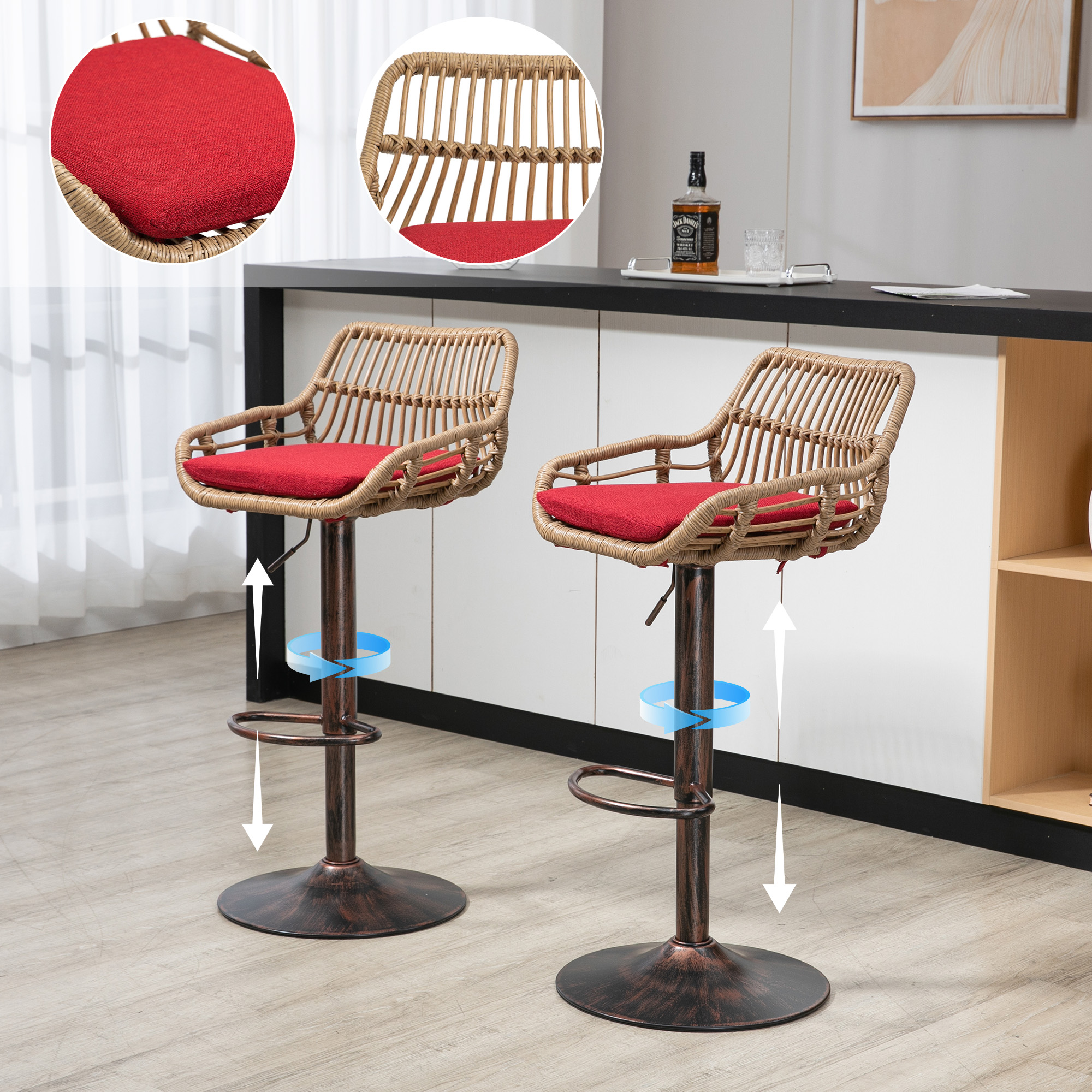 Modern Swivel Bar Stools Set Of 2 Adjustable Counter Height Chairs With Footrest For Kitchen, Dining Room  Red
