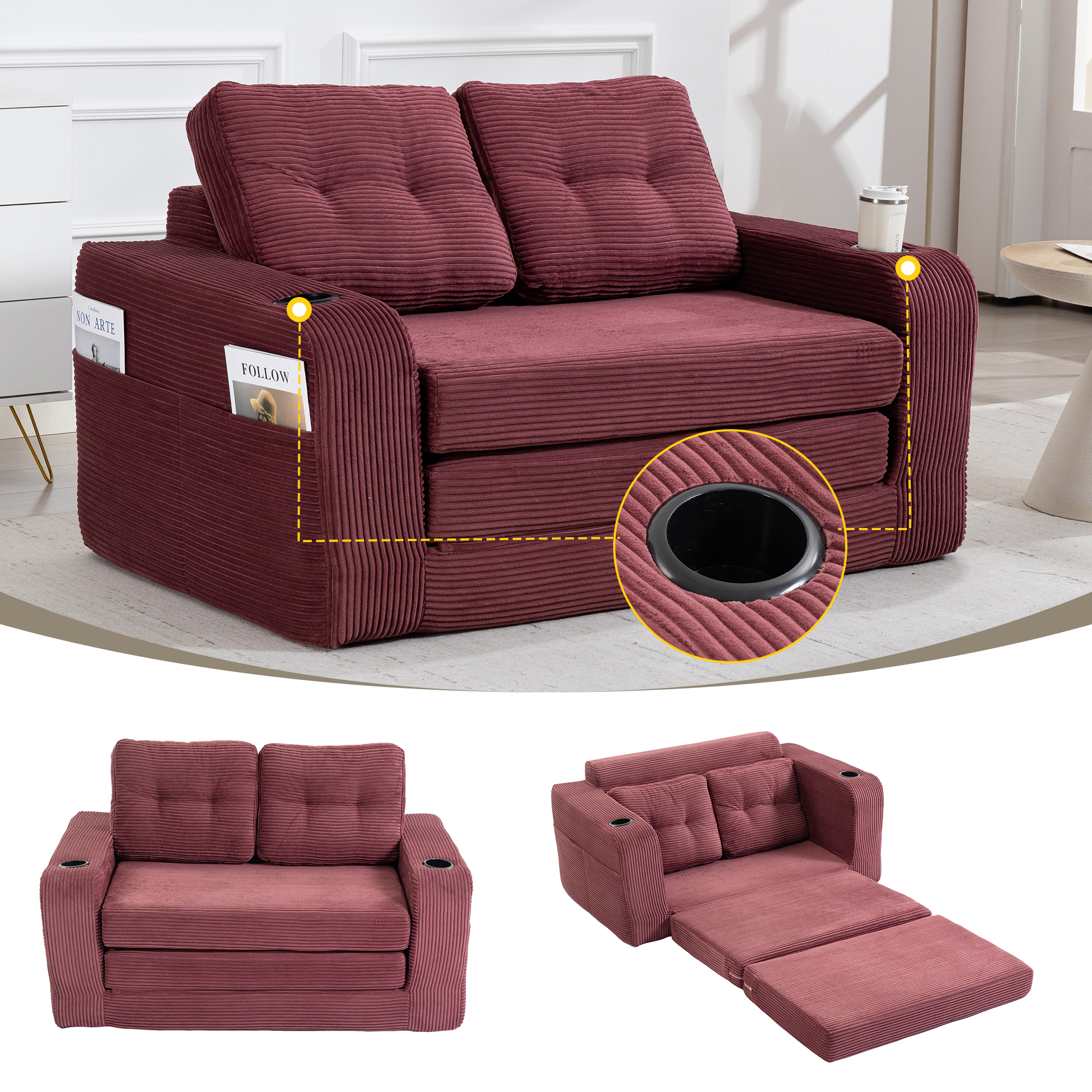 Convertible Sofa Bed,Expandable Double Sofa Bed, 2 In 1 Convertible Sofa Bed, Fold Out Floor Couch With Pillows For Living Room Bedroom Lounge