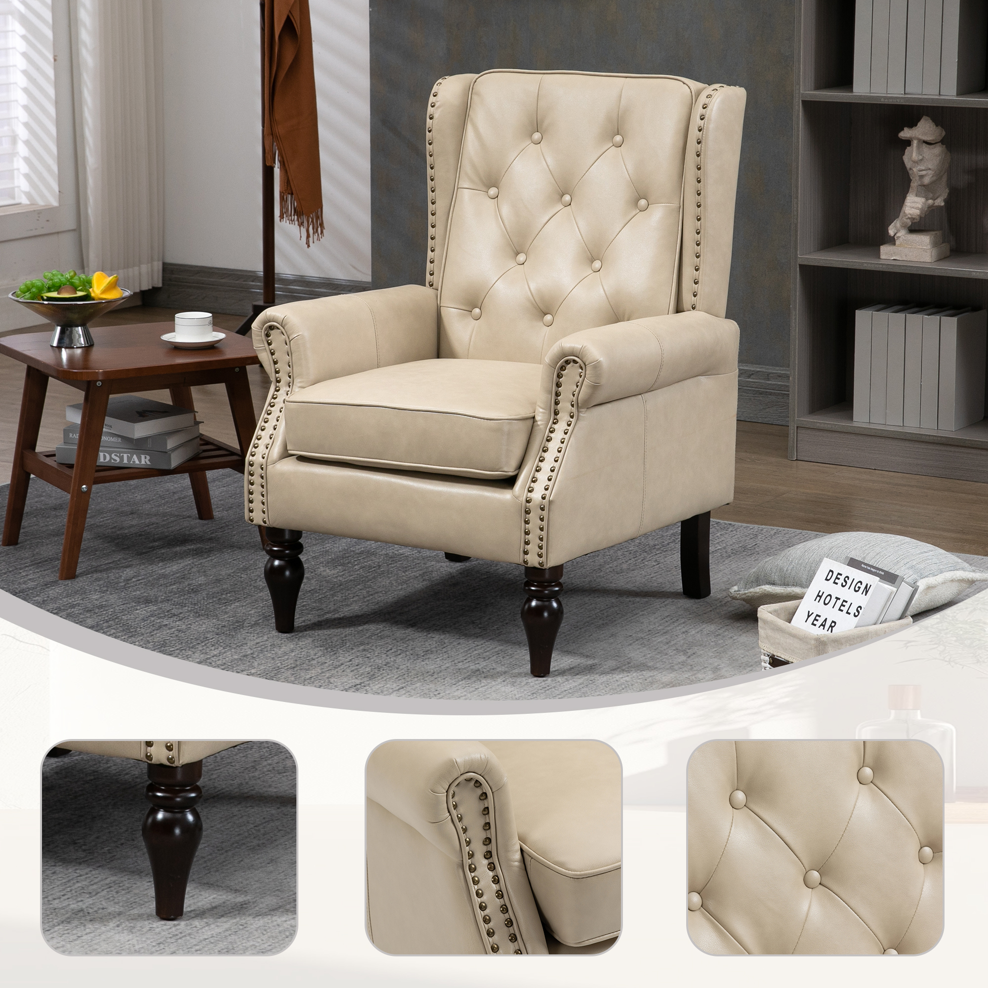 Wood Frame Armchair, Modern Accent Chair Lounge Chair With Sturdy Wood Legs For Living Room Bedroom   PU