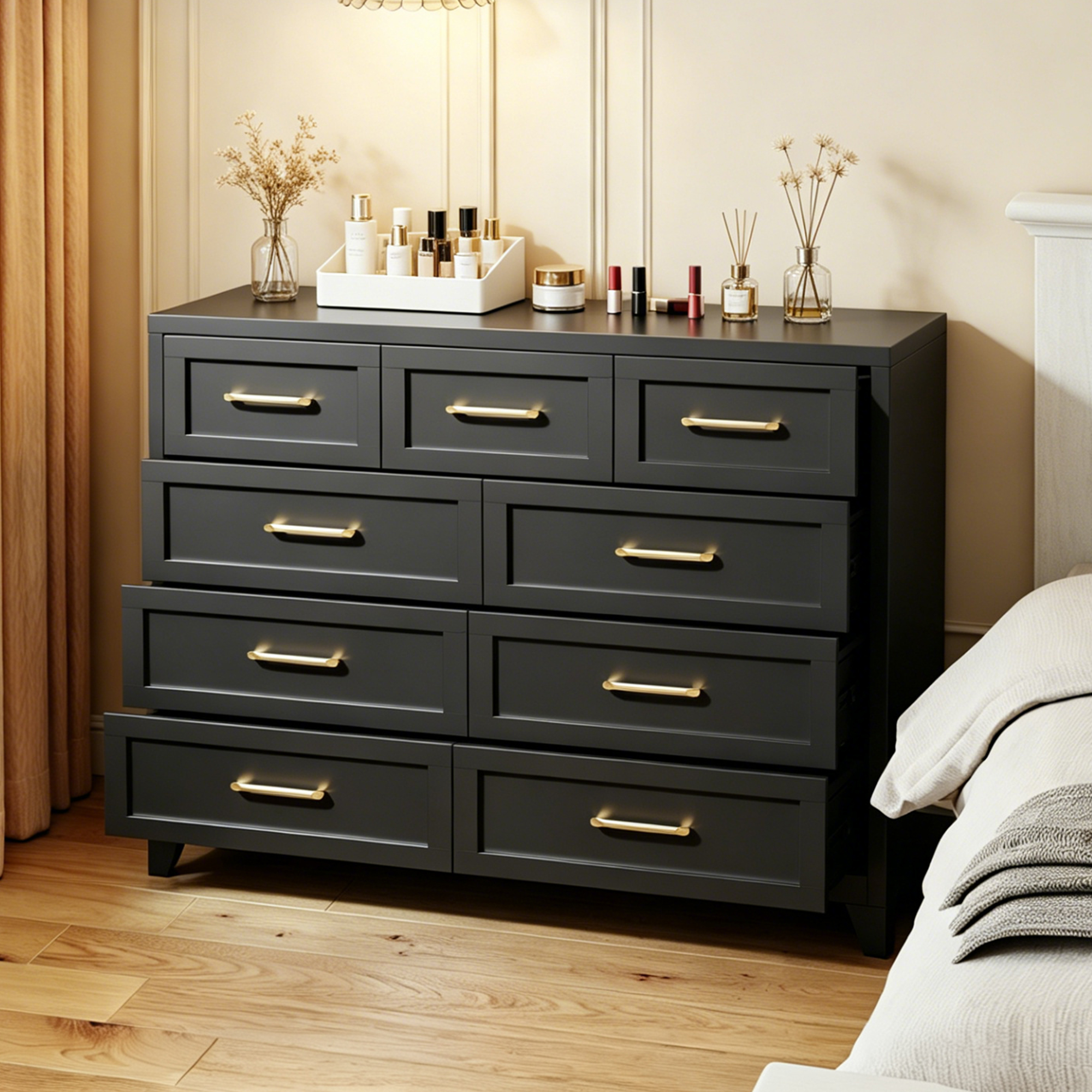 9-Drawer Tall Dresser, Black Metal Storage Cabinet With Smooth Gliding Drawers, Space-Saving Chest Of Drawers For Bedroom, Living Room, Entryway, Strong 5-Foot Design & Modern Handles