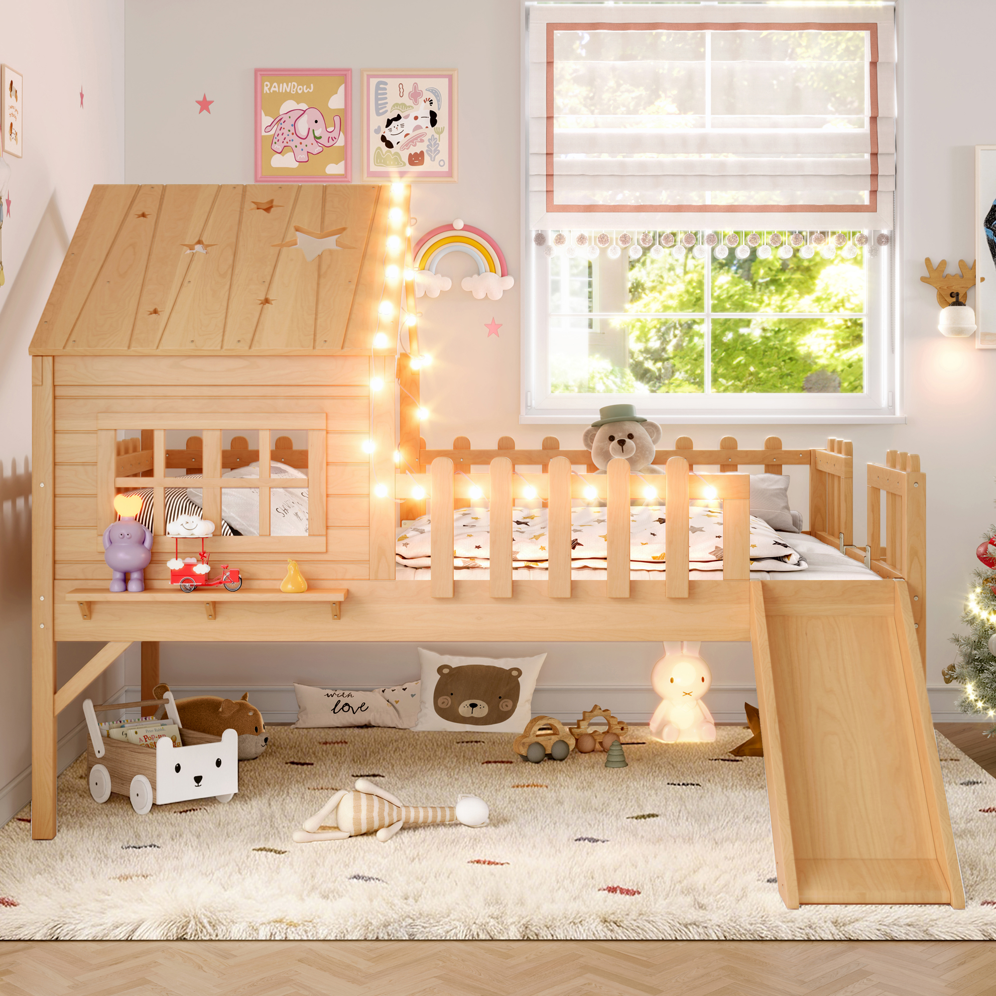 Full Size House Loft Bed With Slide,Playhouse Bed With Star-shaped Designs And Window, Chic Design With LED Lights,No Box Spring Needed,Natural