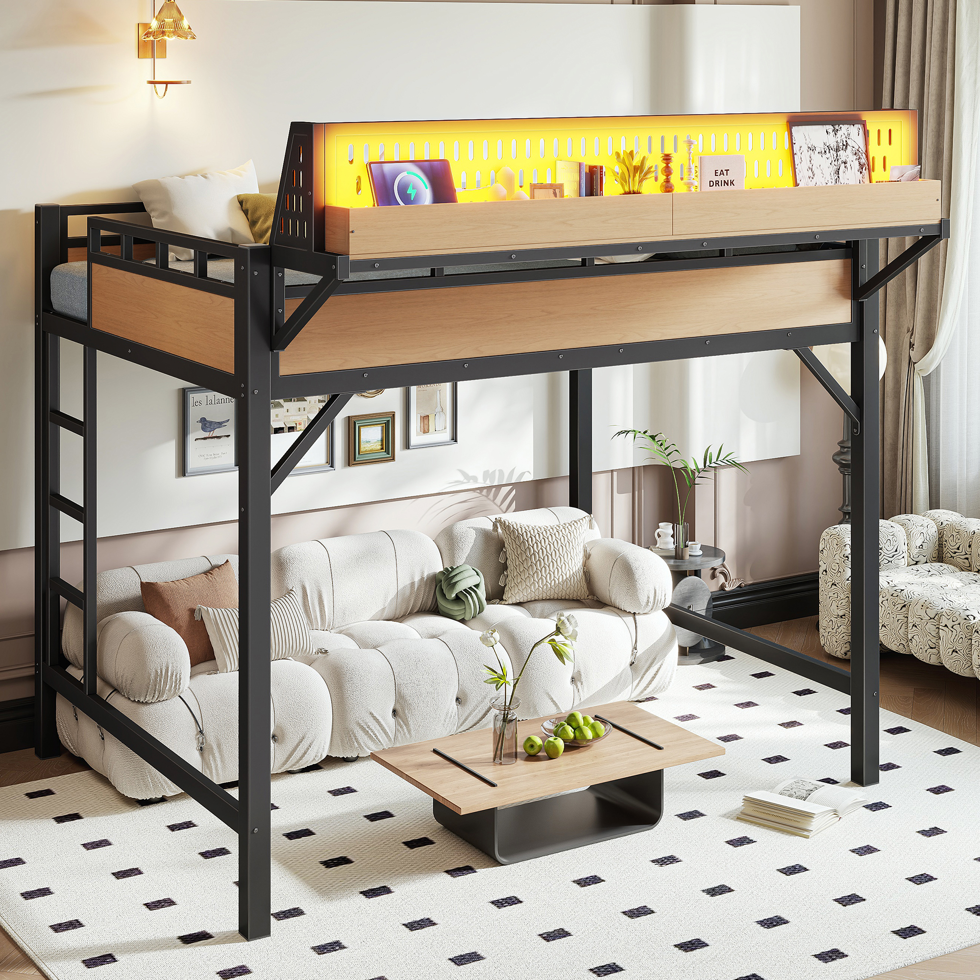Full Size Loft Bed Frame With Storage Shelves And Pegboard, Metal Loft Bed With USB Ports And LED Lights, Safe And Sturdy, Natural