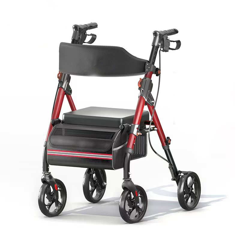 Matinal Foldable Rollator Walkers With Seat For Seniors, 350 Lb Capacity, 8   Big Wheels, 6-Position Height, Premium Hybrid Rolling Walker - Aluminum And Carbon Steel  RED