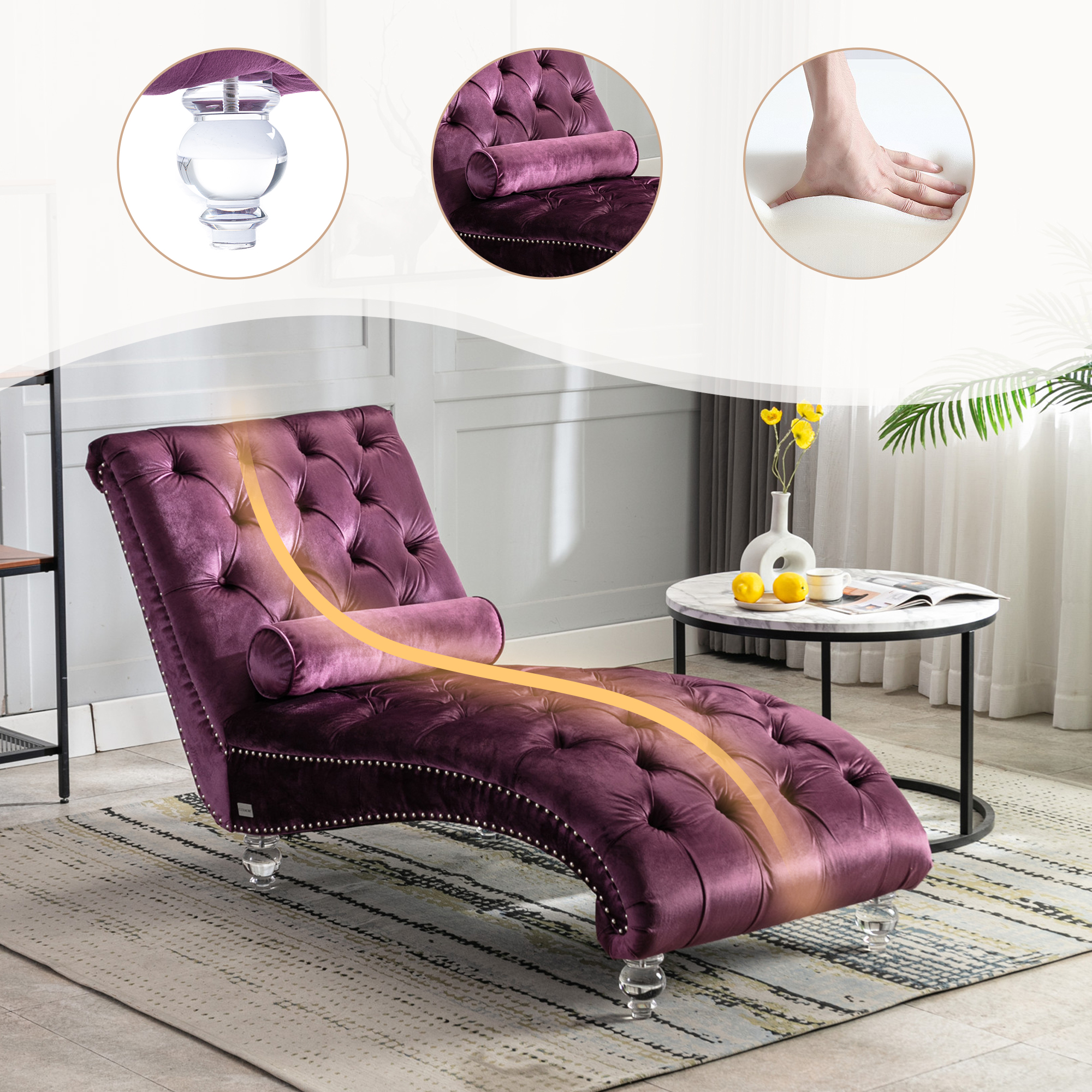 VelvetChaiseLoungeIndoor,Button-TuftedUpholsteredChaiseLoungeChairWithPillowForBedroomLivingRoomOfficePurpleVelvet