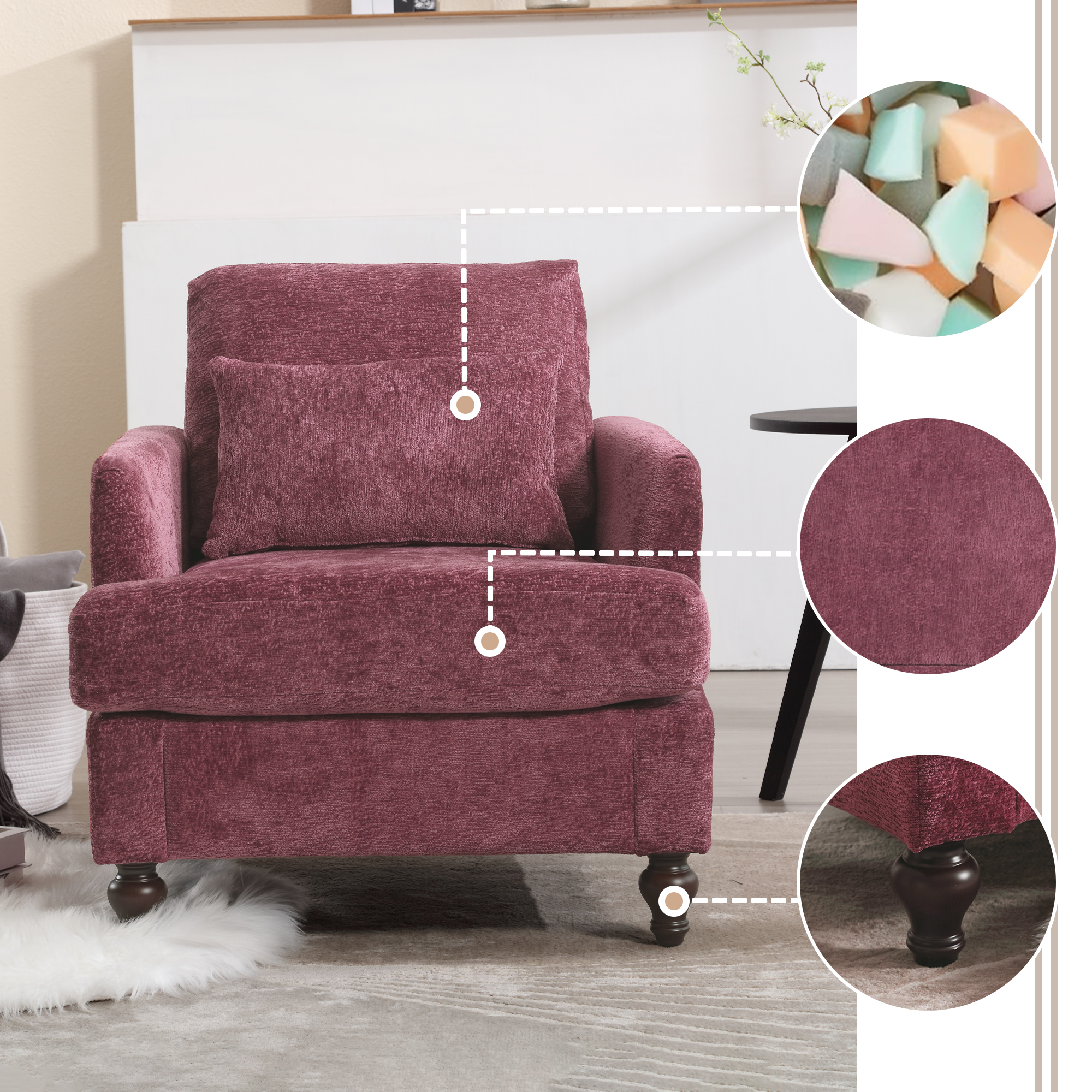 Wood Frame Armchair,  Modern Accent Chair Lounge Chair For Living Room,Tufted Club Chair, Mid Century Modern Arm Chairs With Studded, Solid Wood Frame, For Bedroom, Reading Wine Red Chenille