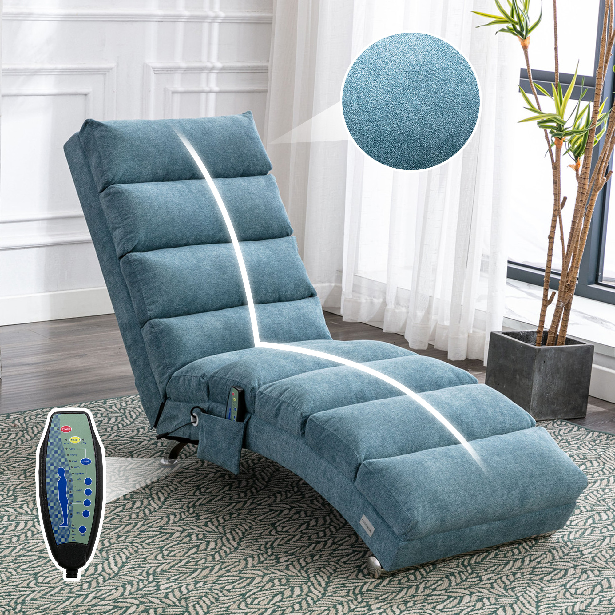 COOLMORE Luxury Upholstered Chaise Lounge Chair With Vibration For Relaxation, Modern Fixed Back Fabric Leisure Recliner Sofa For Living Room Bedroom