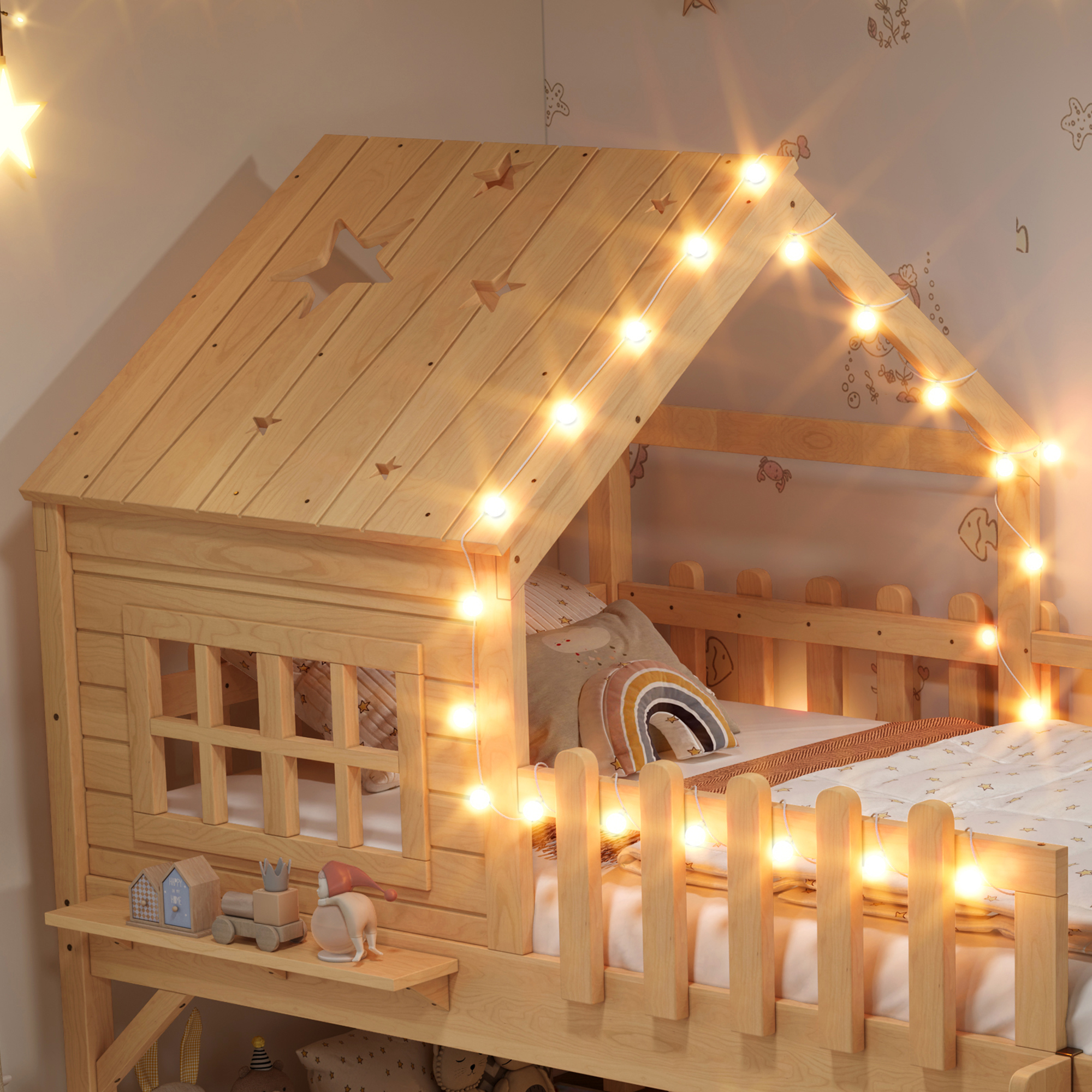 Twin Size House Loft Bed With Slide,Playhouse Bed With Star-shaped Designs And Window, Chic Design With LED Lights,No Box Spring Needed,Natural