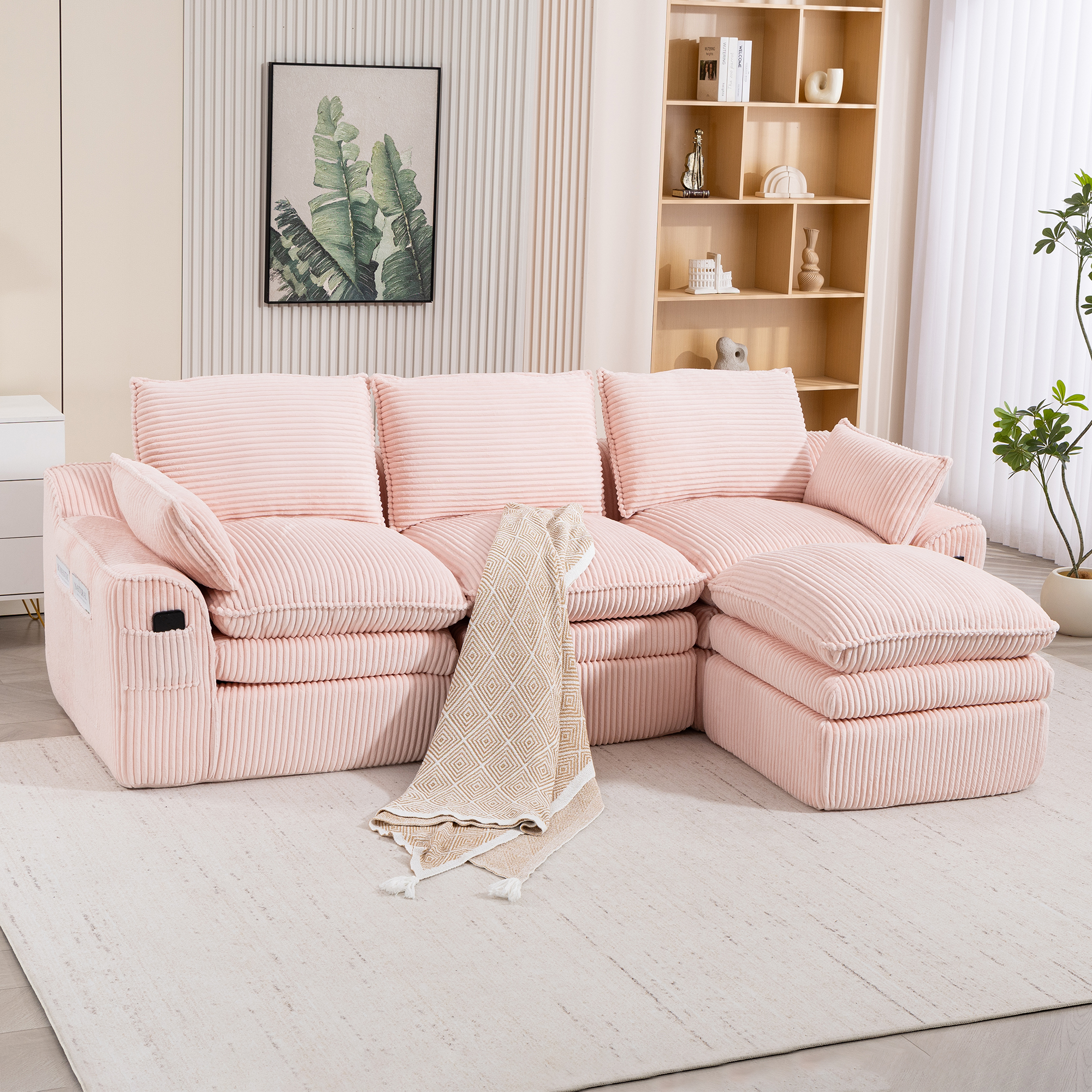 L Shaped Compressed Modular Sectional Sofa Modern Corduroy Upholstered Boneless Couches With Movable Footstool,With Three Pillows And Two Lumbar Pillows,Detachable Cloud Seat Cushions