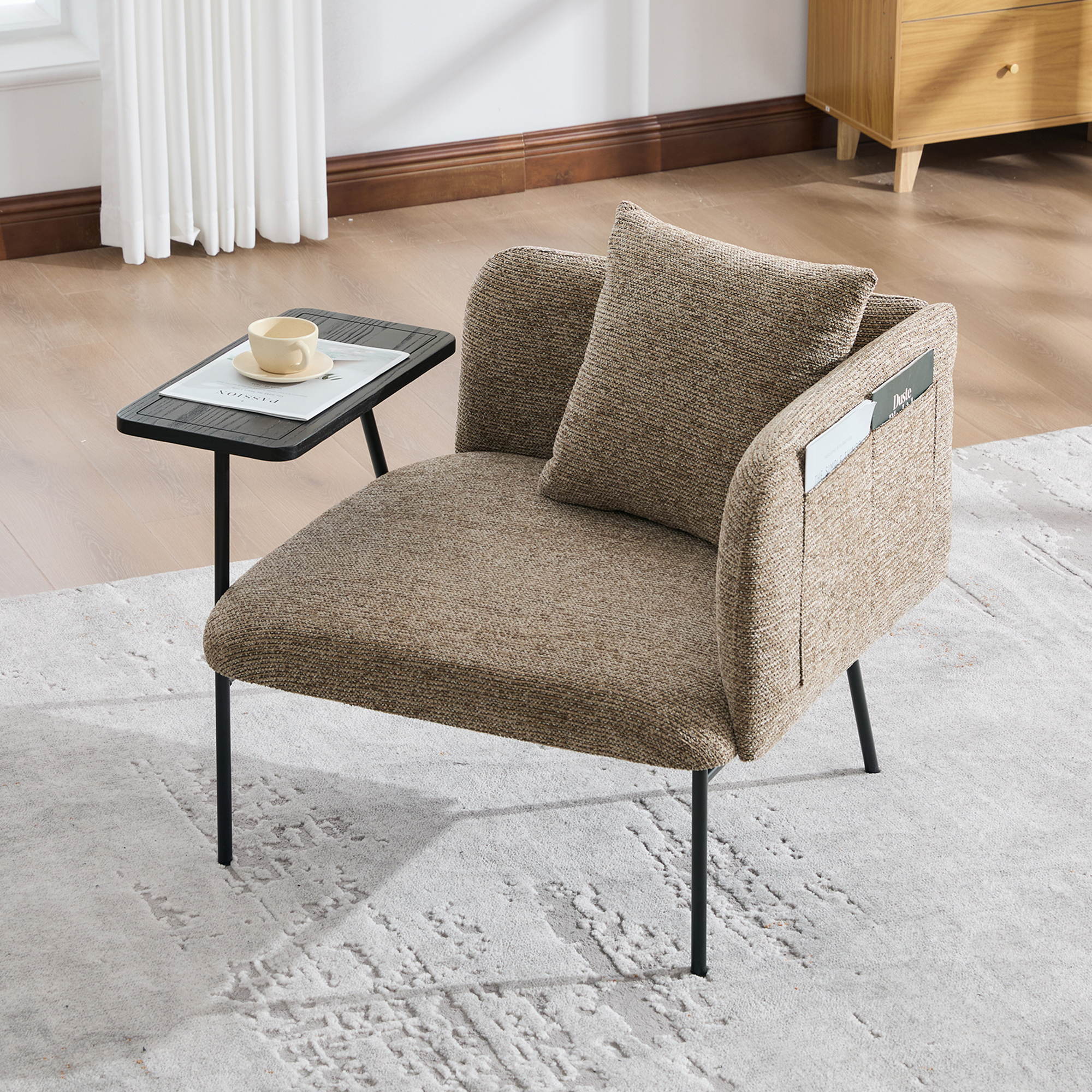 Leisure Chair, Lounge Relaxing Chair With Small Table And Back Pillow, Modern Upholstered Chairs With Metal Legs And Side Pockets , Single Sofa For Living Room Bedroom Garden