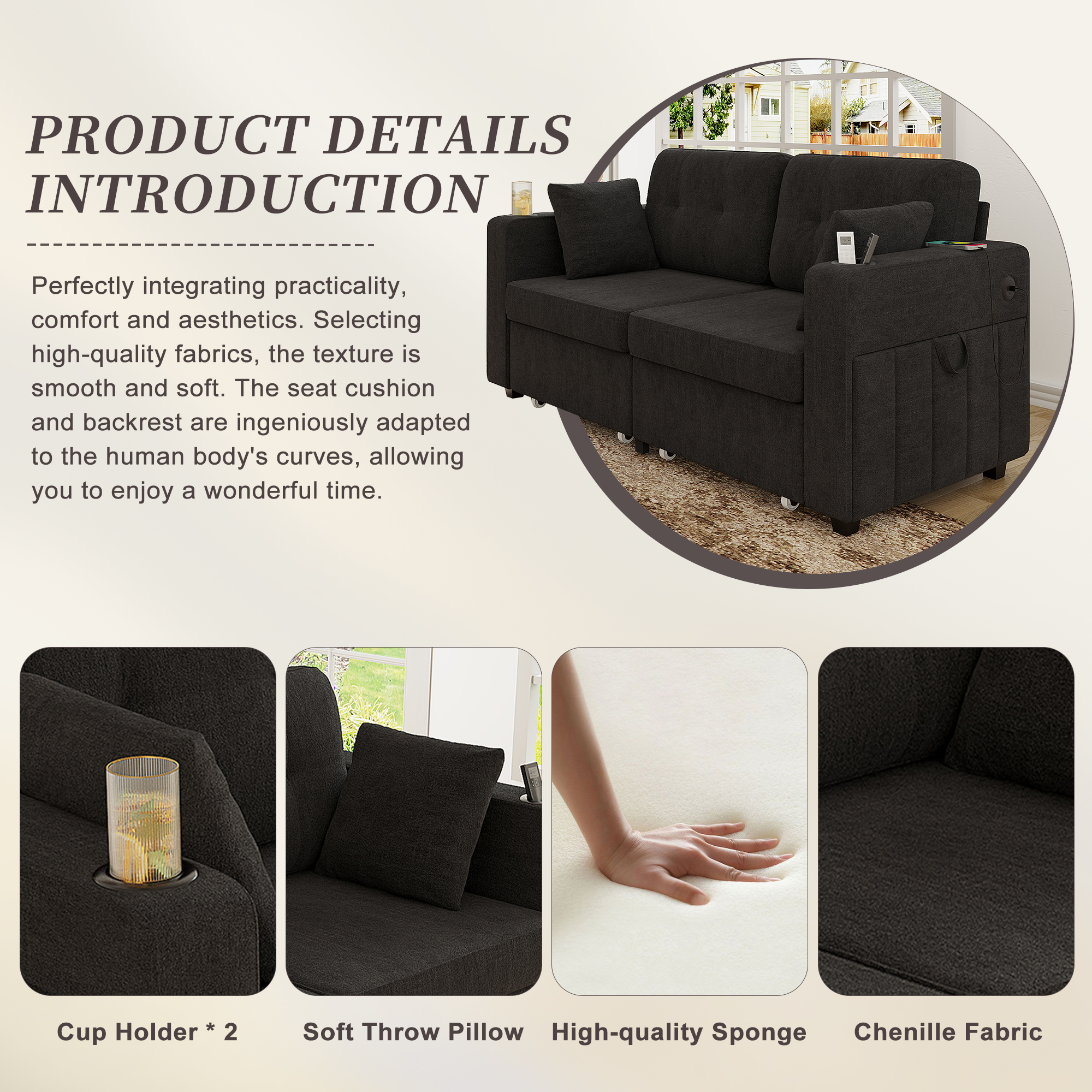 Sofas For Living Room, Couch Set,3 Seats Sofa, USB Charging,Wood Frame,Easy To Install,with Storage, Charging Station,Cup Holder,Modern Sectional Sofas For Living Room, Apartment,Chenille Fabric