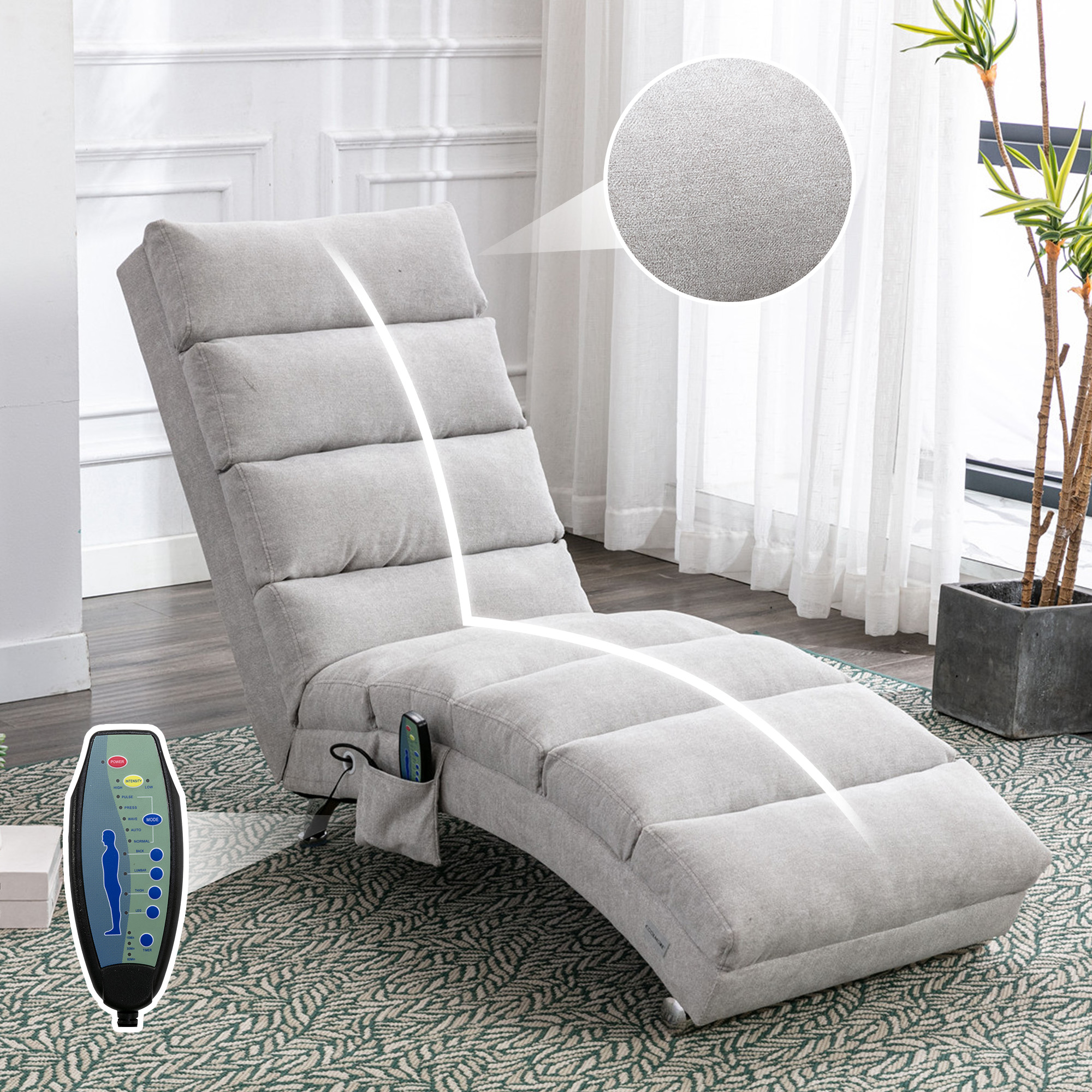 COOLMORE Luxury Upholstered Chaise Lounge Chair With Vibration For Relaxation, Modern Fixed Back Fabric Leisure Recliner Sofa For Living Room Bedroom