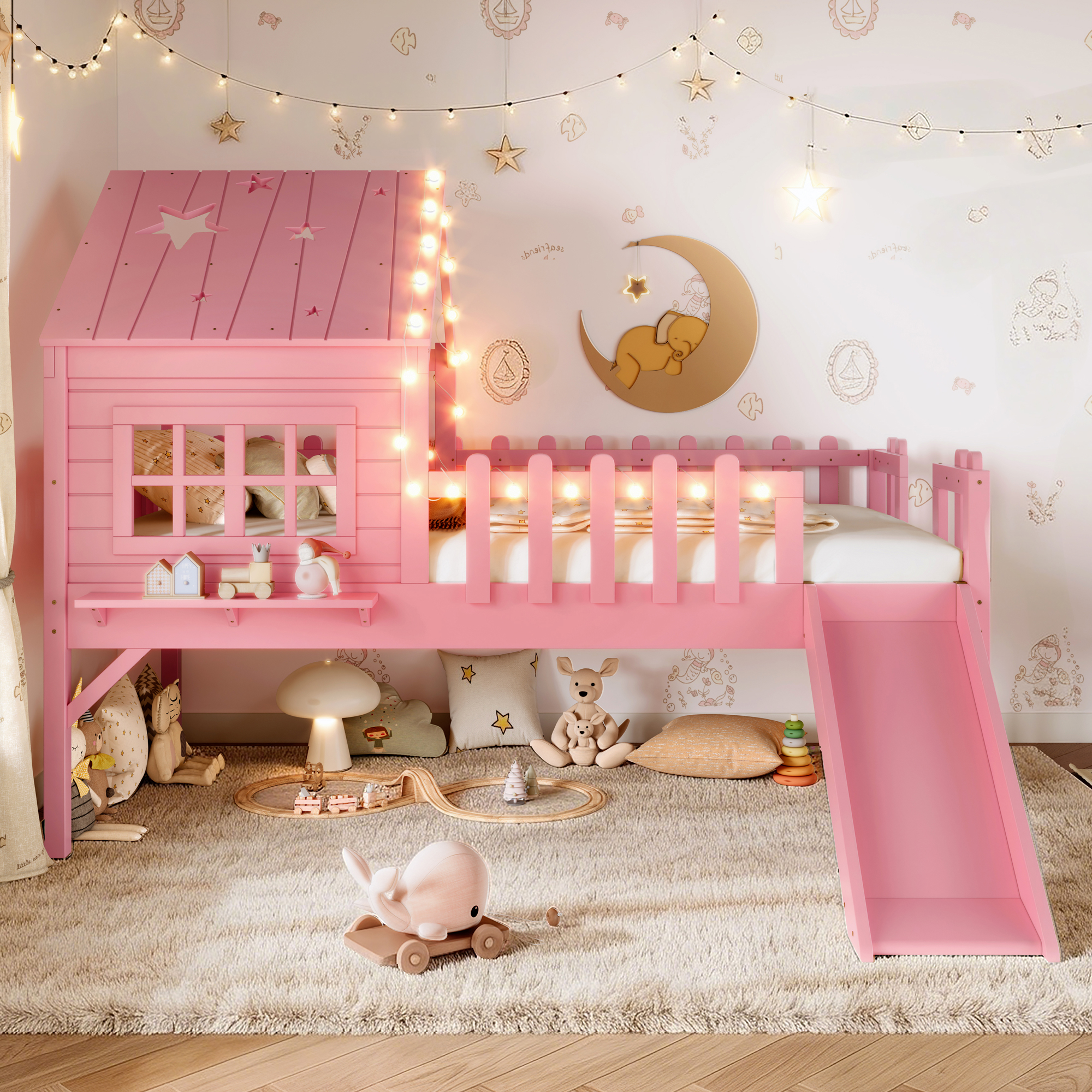 Twin Size House Loft Bed With Slide,Playhouse Bed With Star-shaped Designs And Window, Chic Design With LED Lights,No Box Spring Needed,Pink