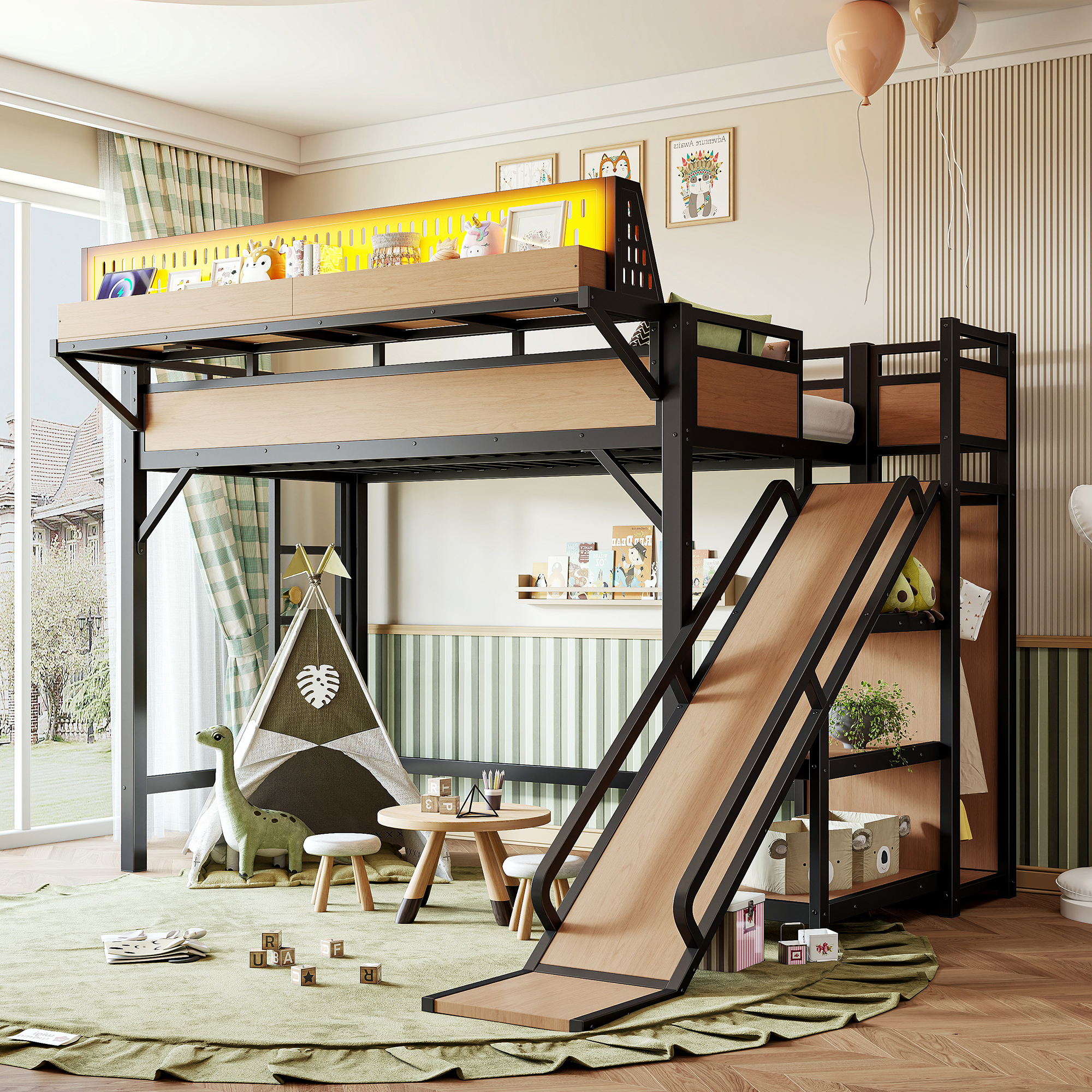 Twin XL Size Loft Bed With Slide, Storage Shelves And Built-in Wardrobe, Metal Loft Bed Frame With USB Ports And LED Lights, With Pegboard, Safety And Solid, Natural
