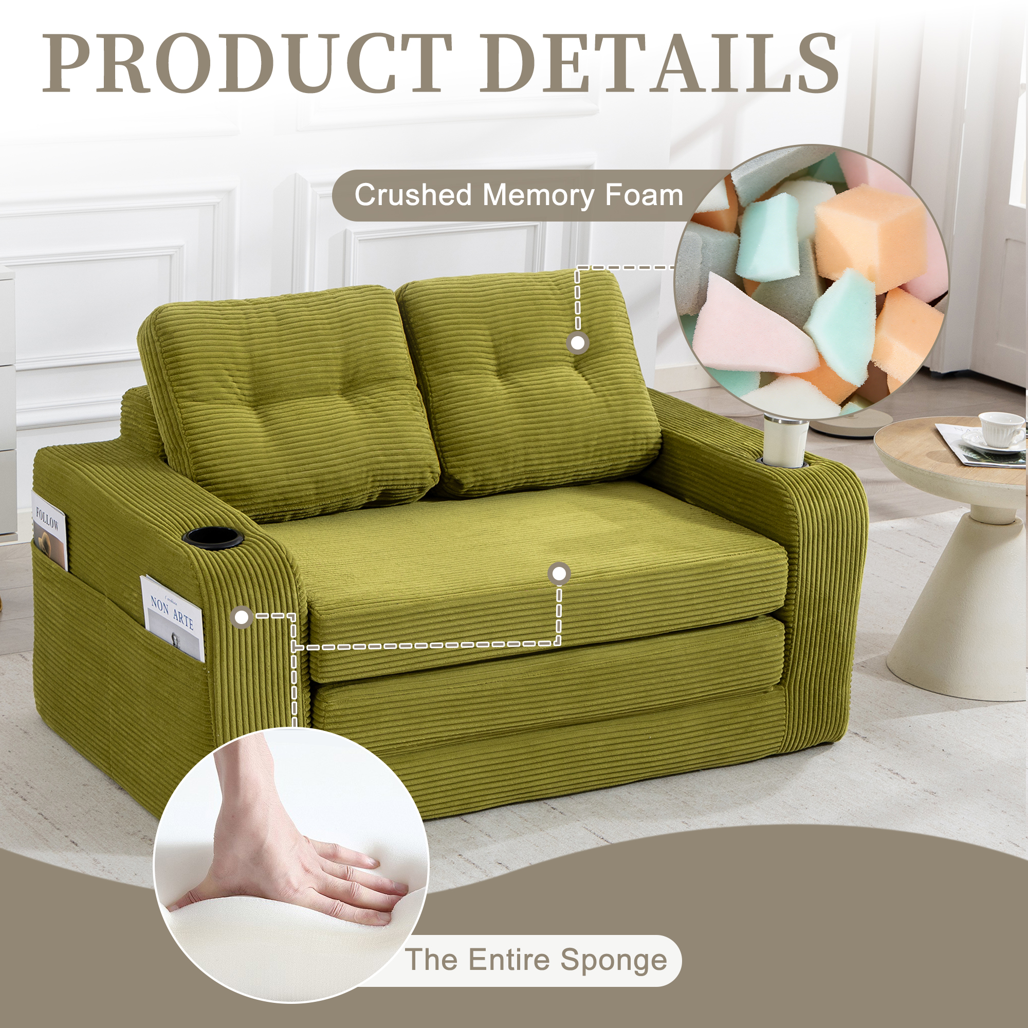 Convertible Sofa Bed,Expandable Double Sofa Bed, 2 In 1 Convertible Sofa Bed, Fold Out Floor Couch With Pillows For Living Room Bedroom Lounge
