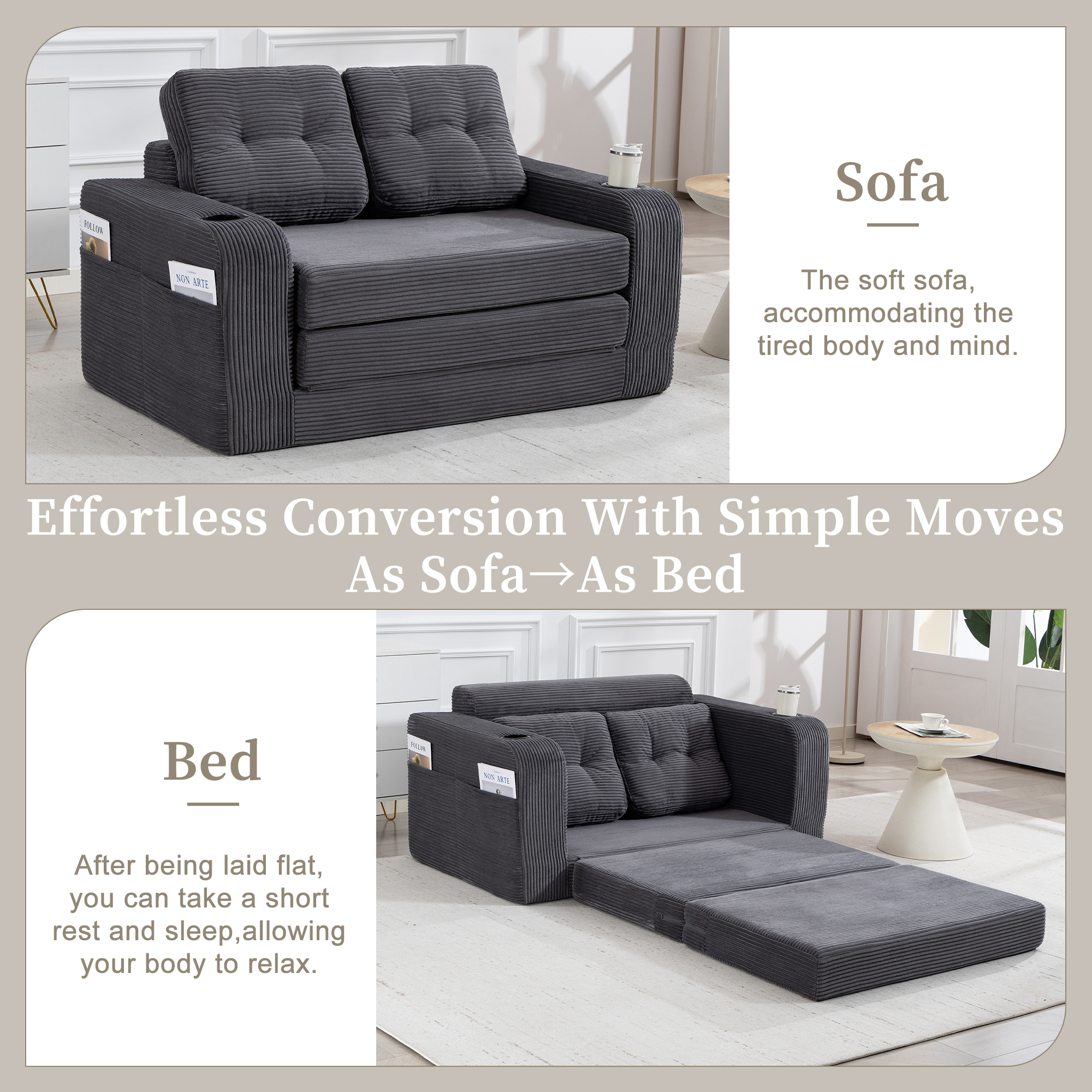 Convertible Sofa Bed,Expandable Double Sofa Bed, 2 In 1 Convertible Sofa Bed, Fold Out Floor Couch With Pillows For Living Room Bedroom Lounge