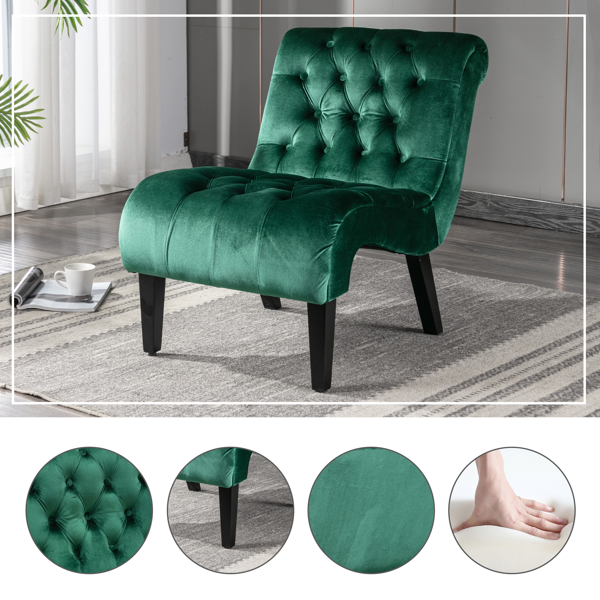 COOLMORE Modern Velvet Armless Accent Living Room Chair   Leisure Chair,Upholstered Fabric Button Comfortable Chair With Wooden Legs For Bedroom, Living Room, Office  Green Velvet
