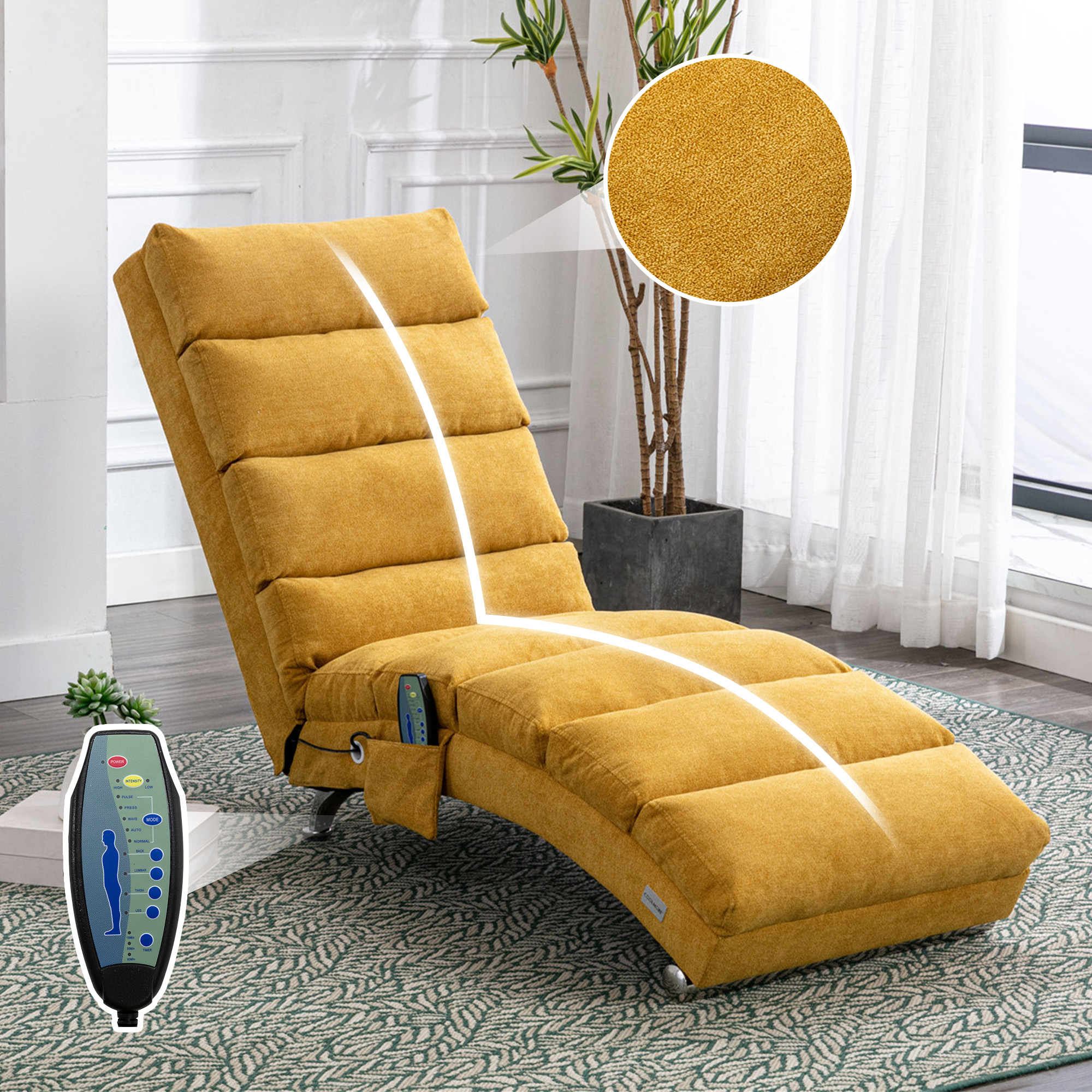 COOLMORE Luxury Upholstered Chaise Lounge Chair With Vibration For Relaxation, Modern Fixed Back Fabric Leisure Recliner Sofa For Living Room Bedroom