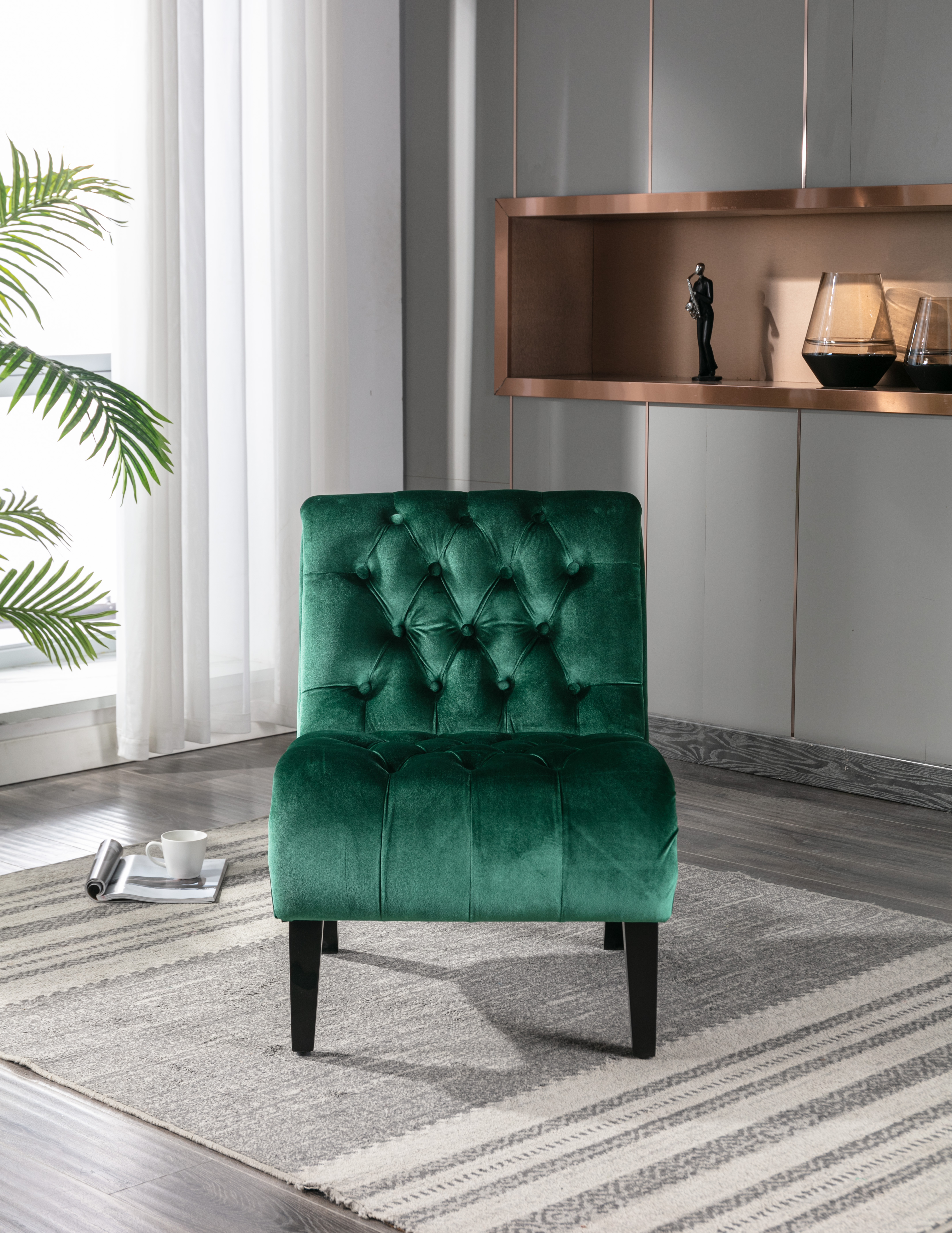 COOLMORE Modern Velvet Armless Accent Living Room Chair Leisure Chair,Upholstered Fabric Button Comfortable Chair With Wooden Legs For Bedroom, Living Room, Office Green Velvet