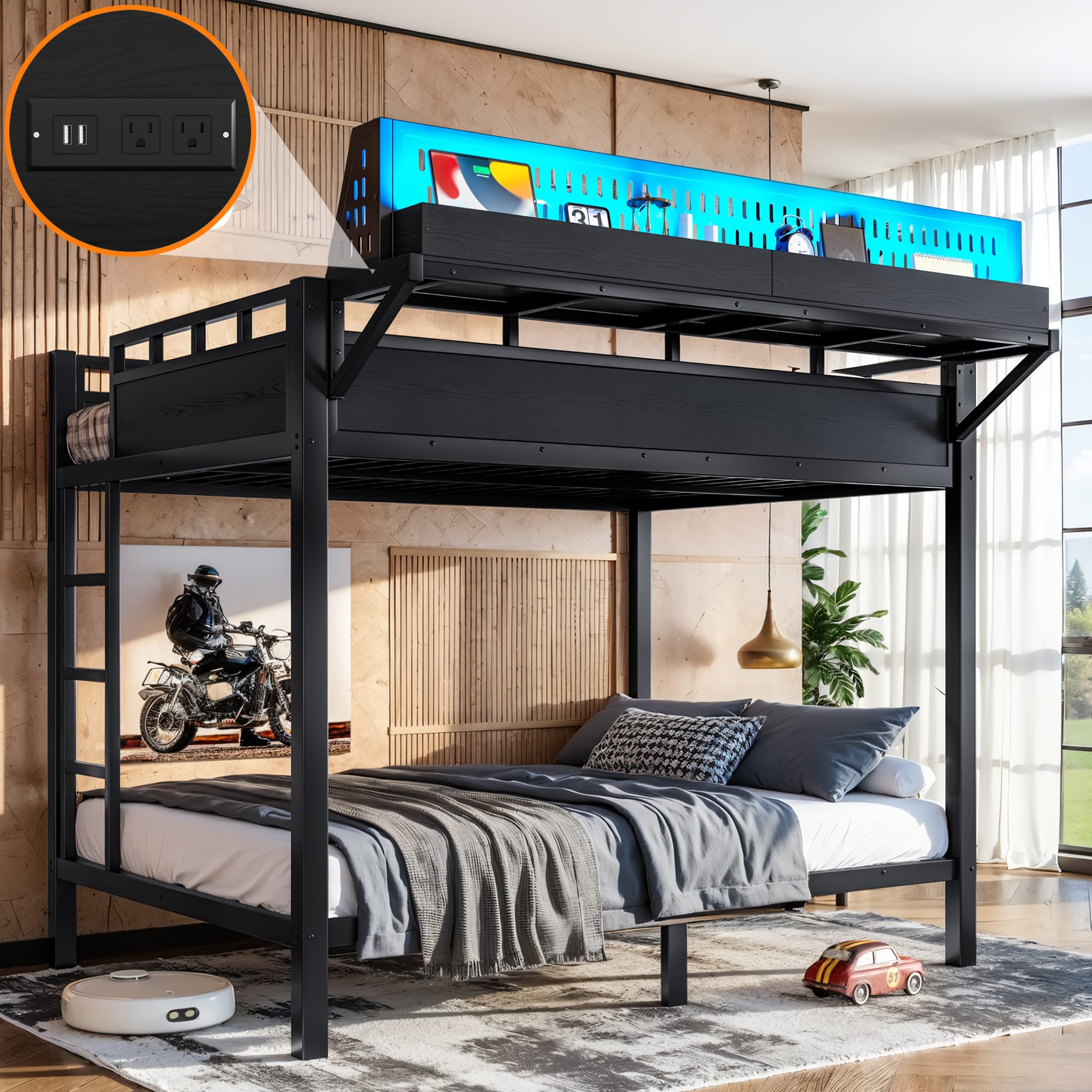 Full Over Full Size Metal Bunk Bed With Storage Shelves And Pegboard, Bunk Bed Frame With USB Ports And LED Lights, Space-Saving, For Teens And Adults, Black