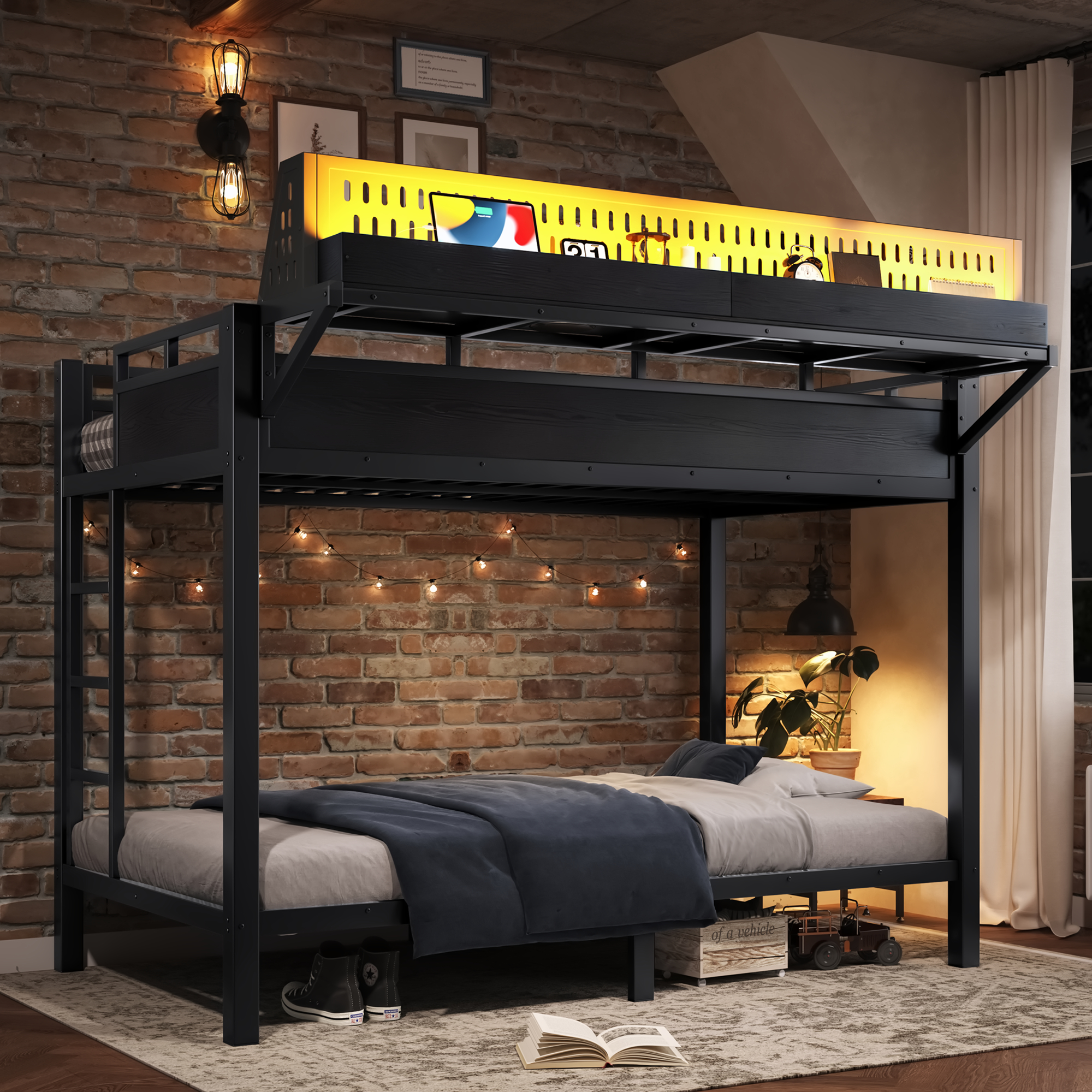 Twin XL Over Twin XL Size Metal Bunk Bed With Storage Shelves And Pegboard, Bunk Bed Frame With USB Ports And LED Lights, Space-Saving, For Teens And Adults, Black